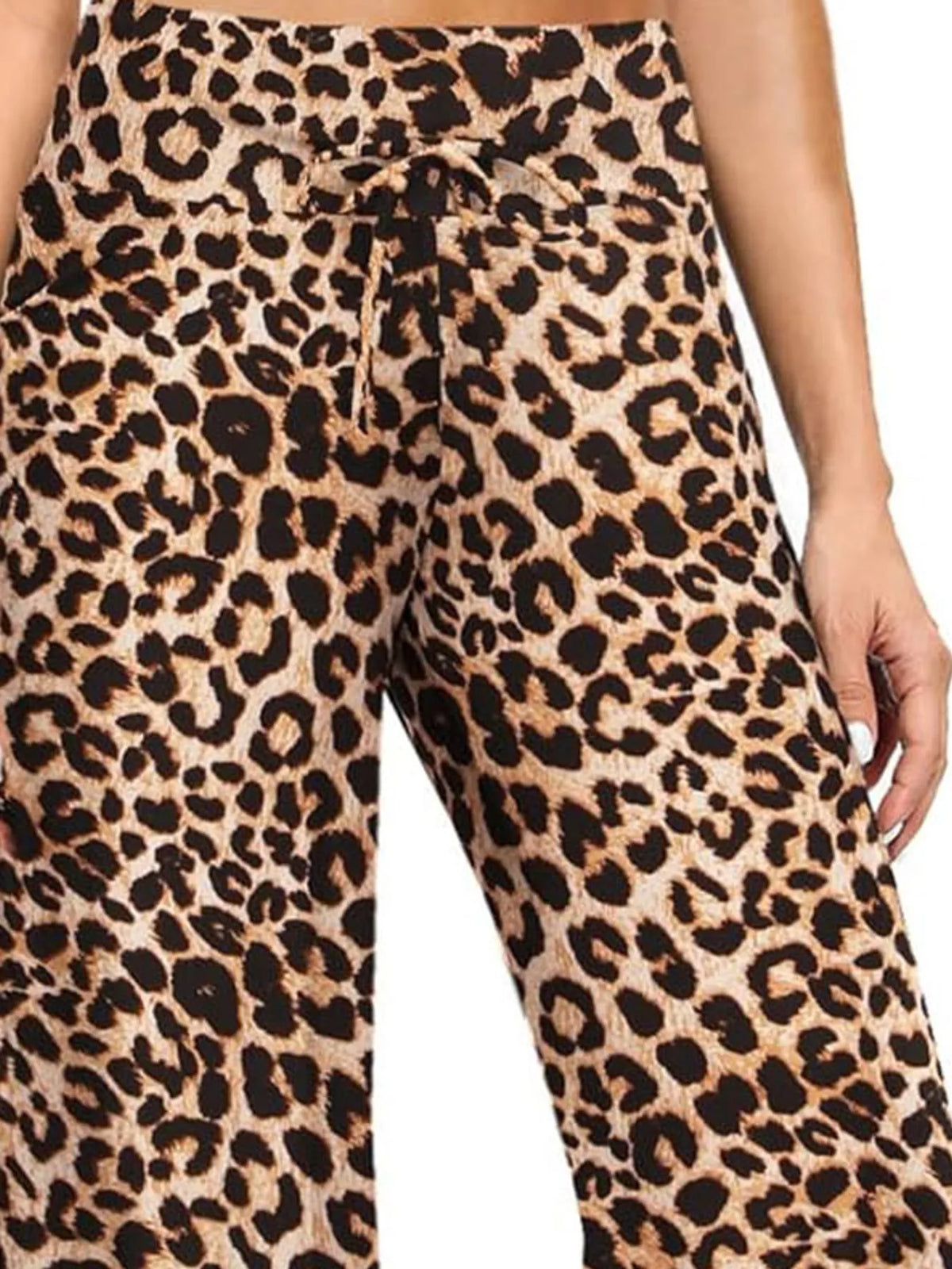 Brown leopard drawstring wide-leg pants — design and construction details