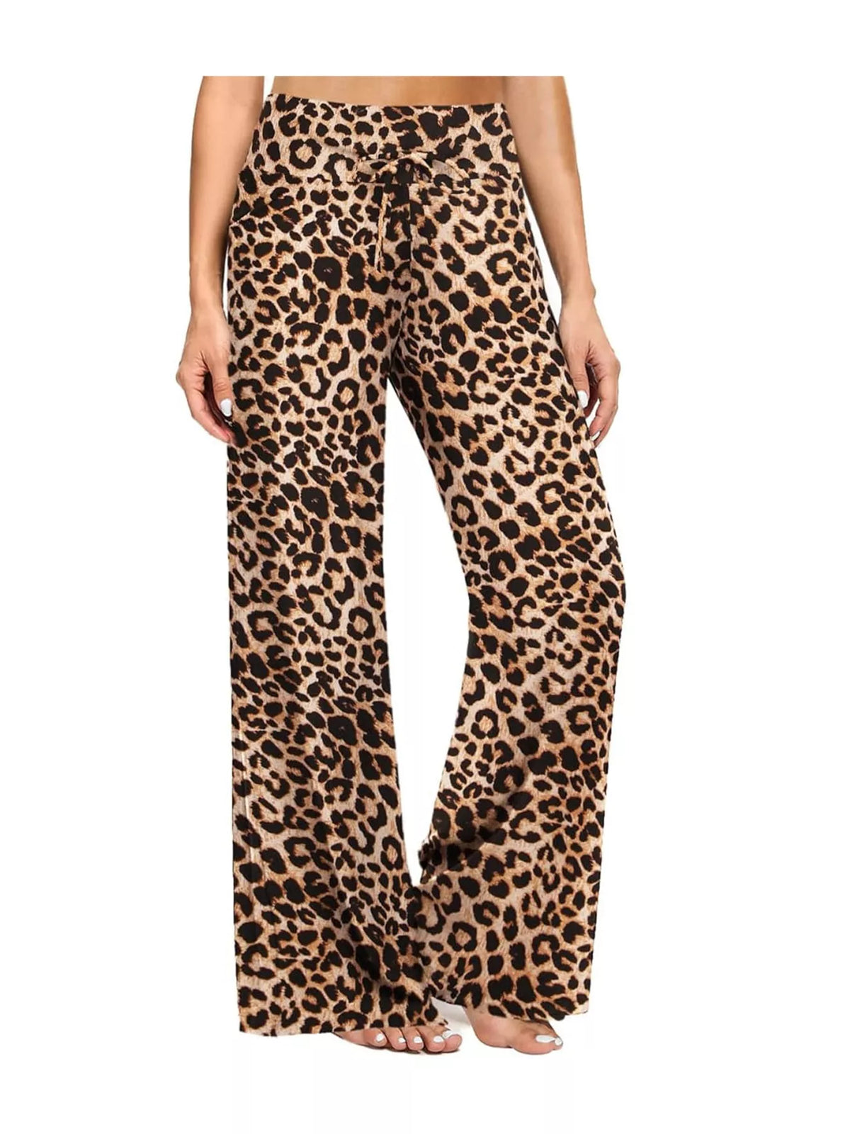 Brown leopard drawstring wide-leg pants — front view