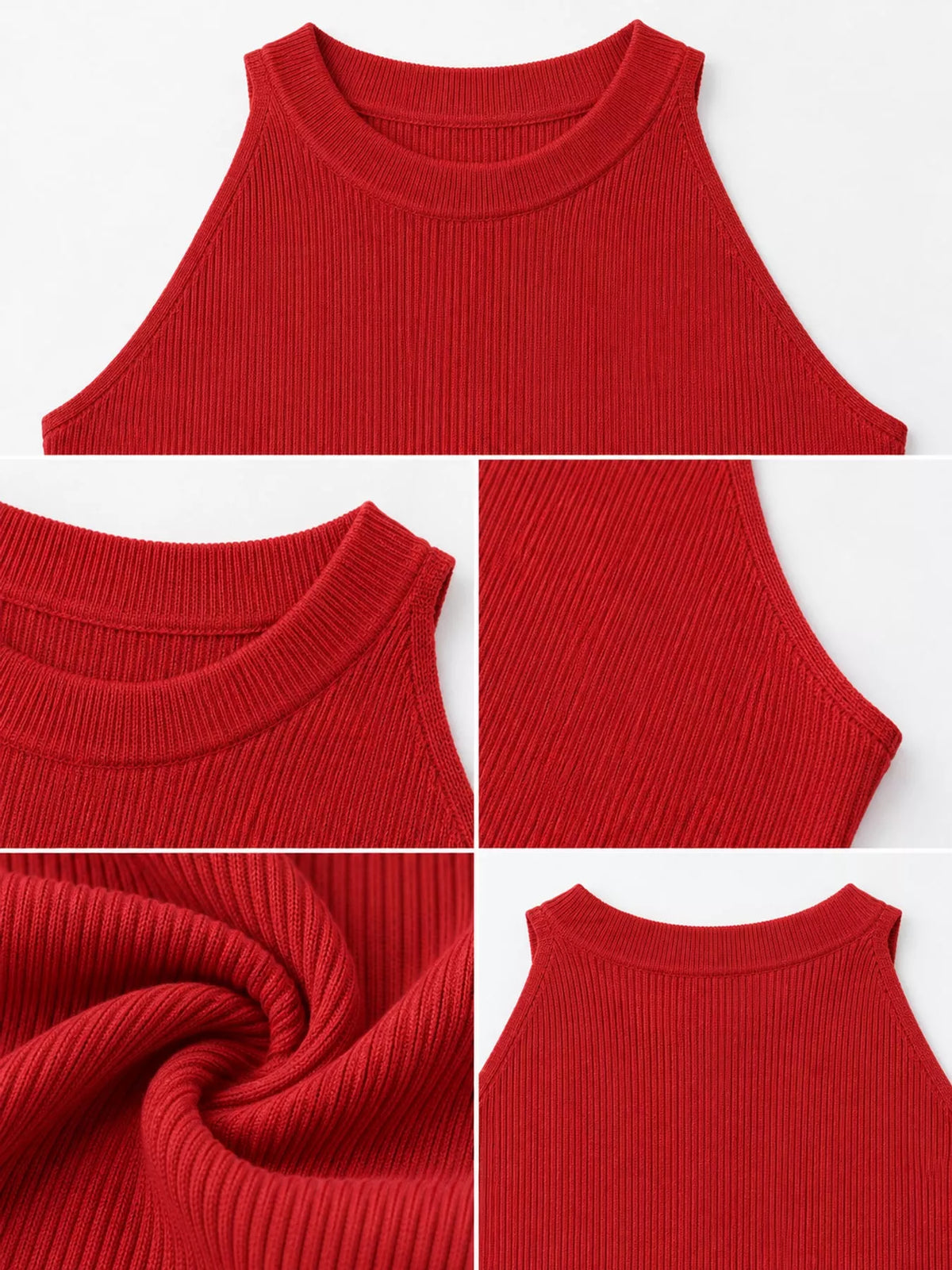 Red sleeveless mock neck ribbed knit tank top, detail view