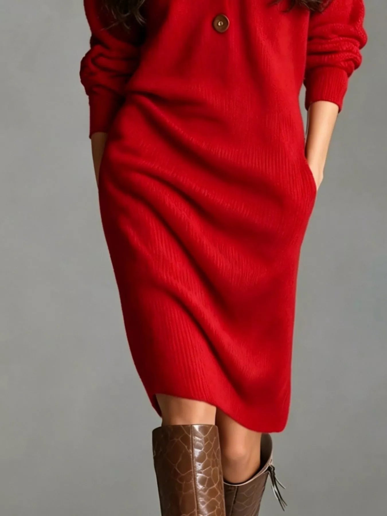 Trendsi V-Neck Half-Button Ribbed Knit Dress -