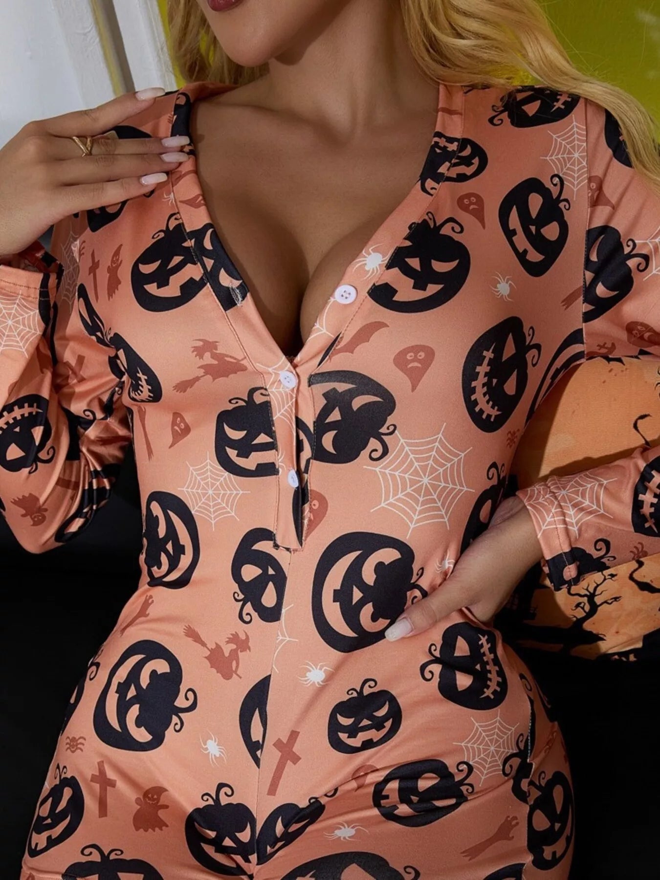 Trendsi Halloween Pumpkin Print Button-Front Lounge Romper -