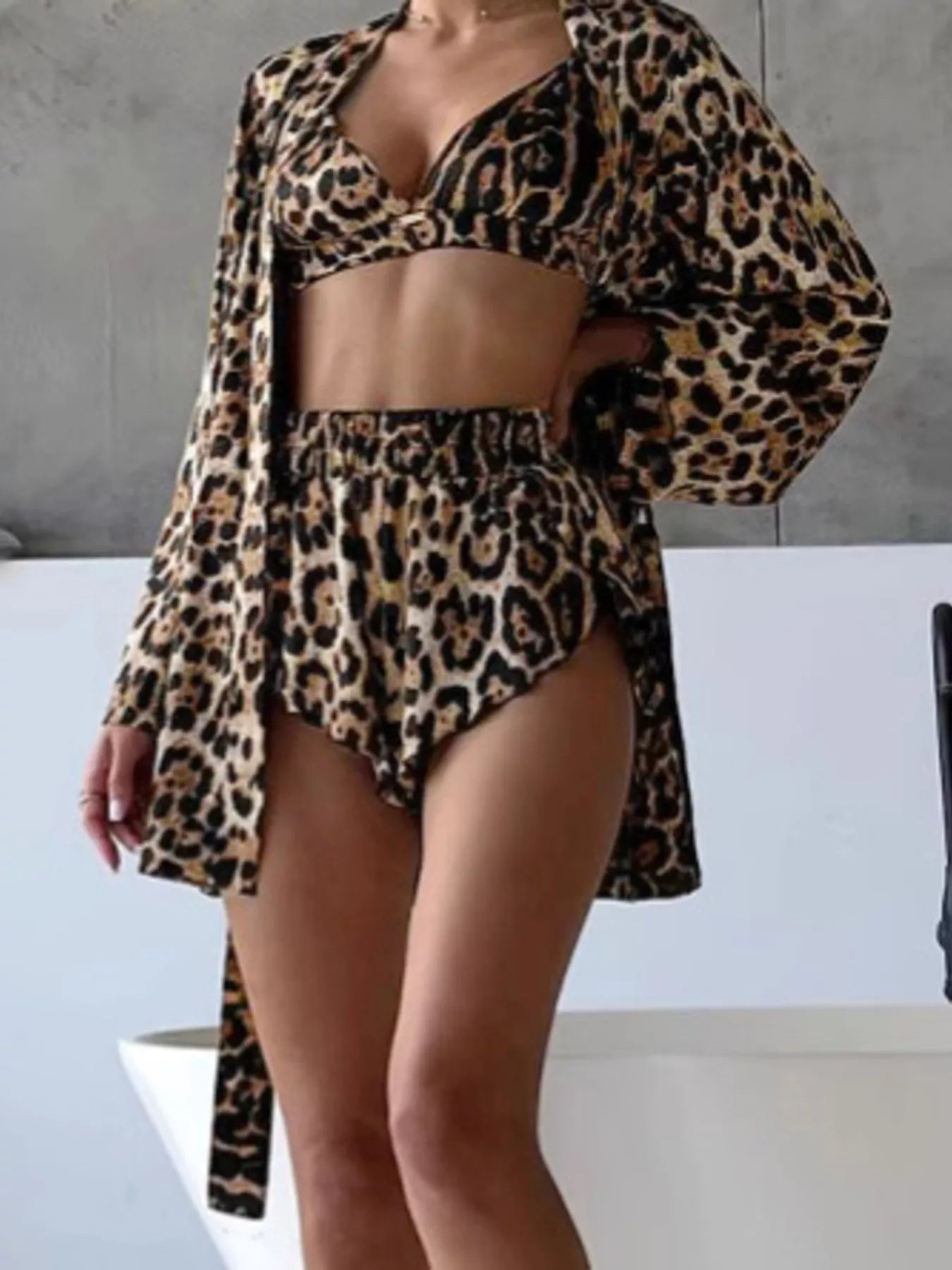 Trendsi Leopard Bra & Cardigan and Shorts Set -