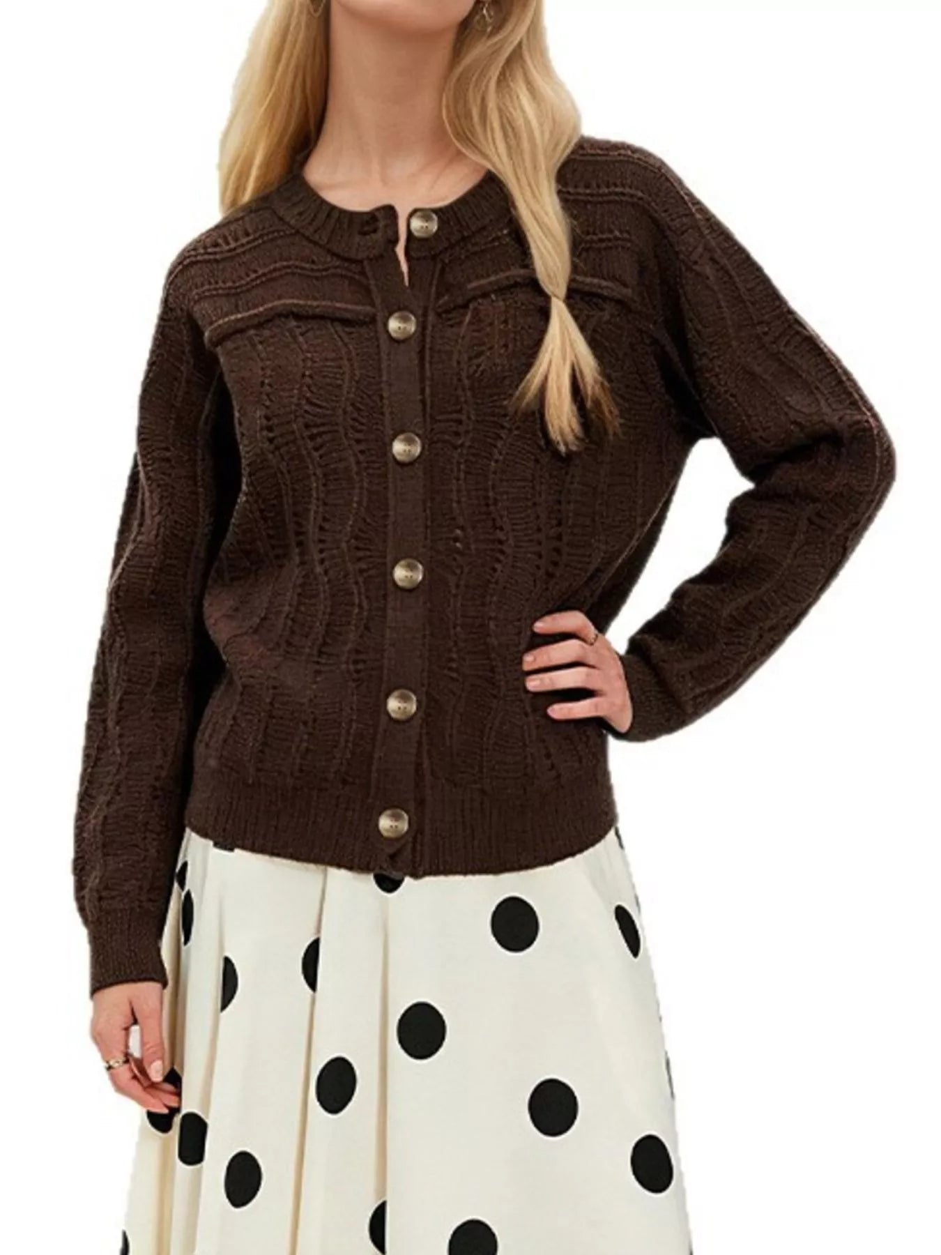 Trendsi Openwork Button-Down Knit Cardigan -