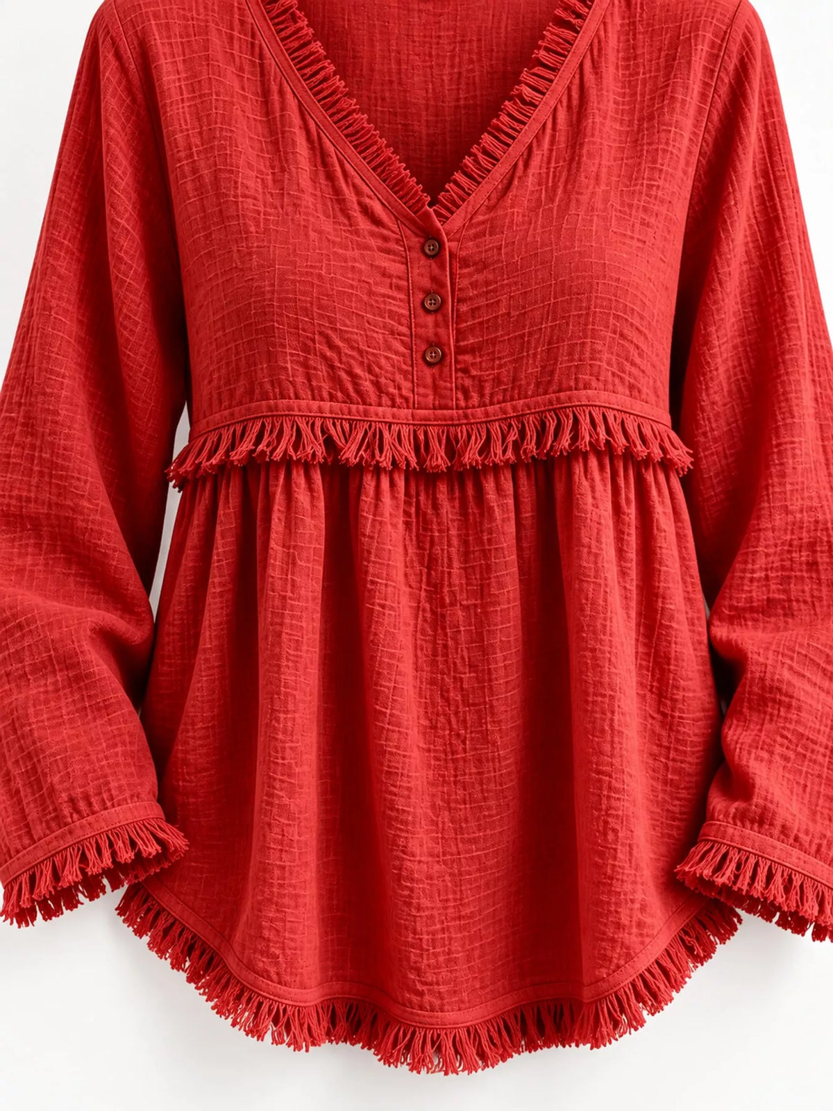 Fringe-trim blouse, red neckline and hem detail