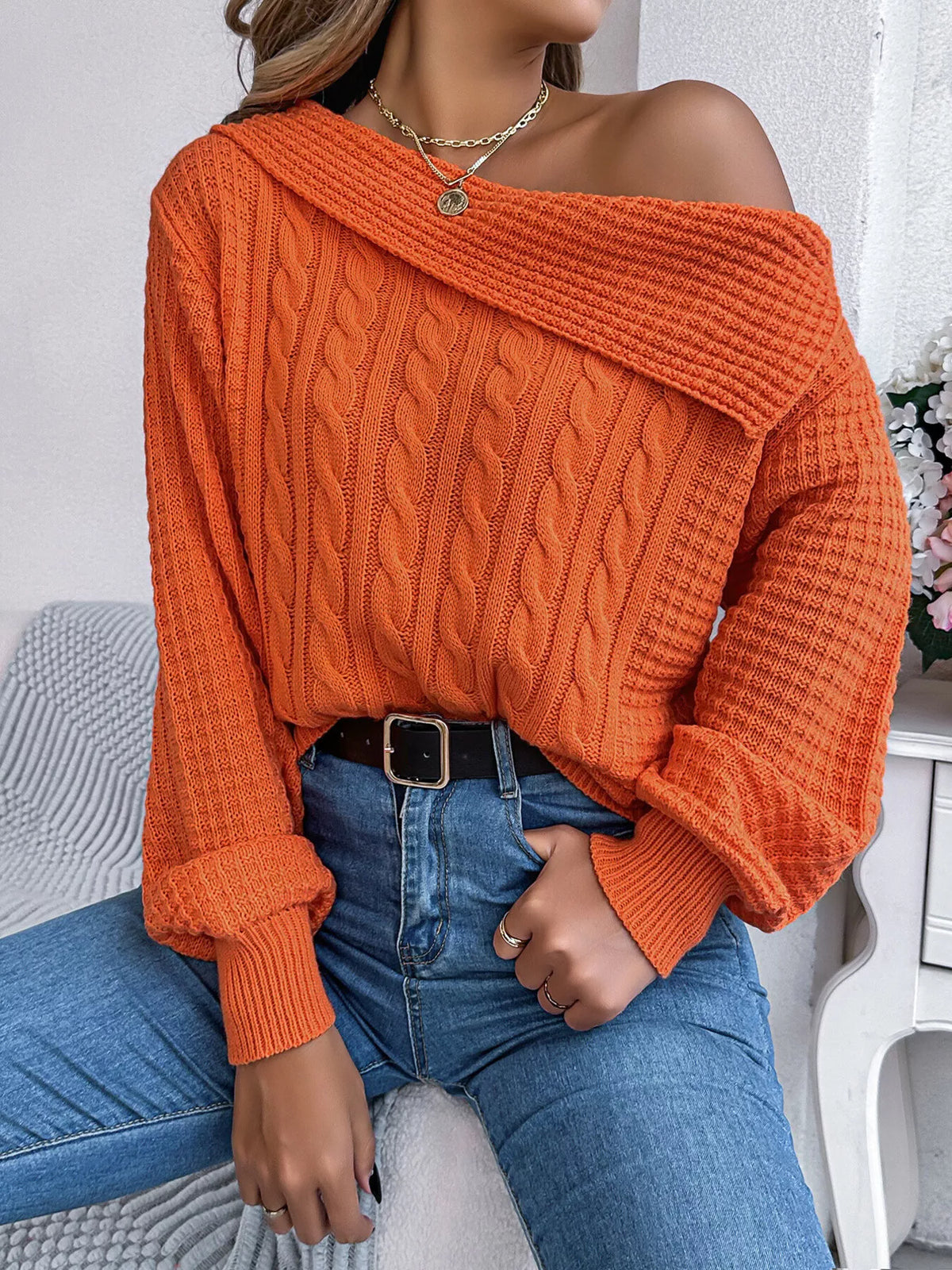 One Shoulder Cable Knit Sweater in orange, front view