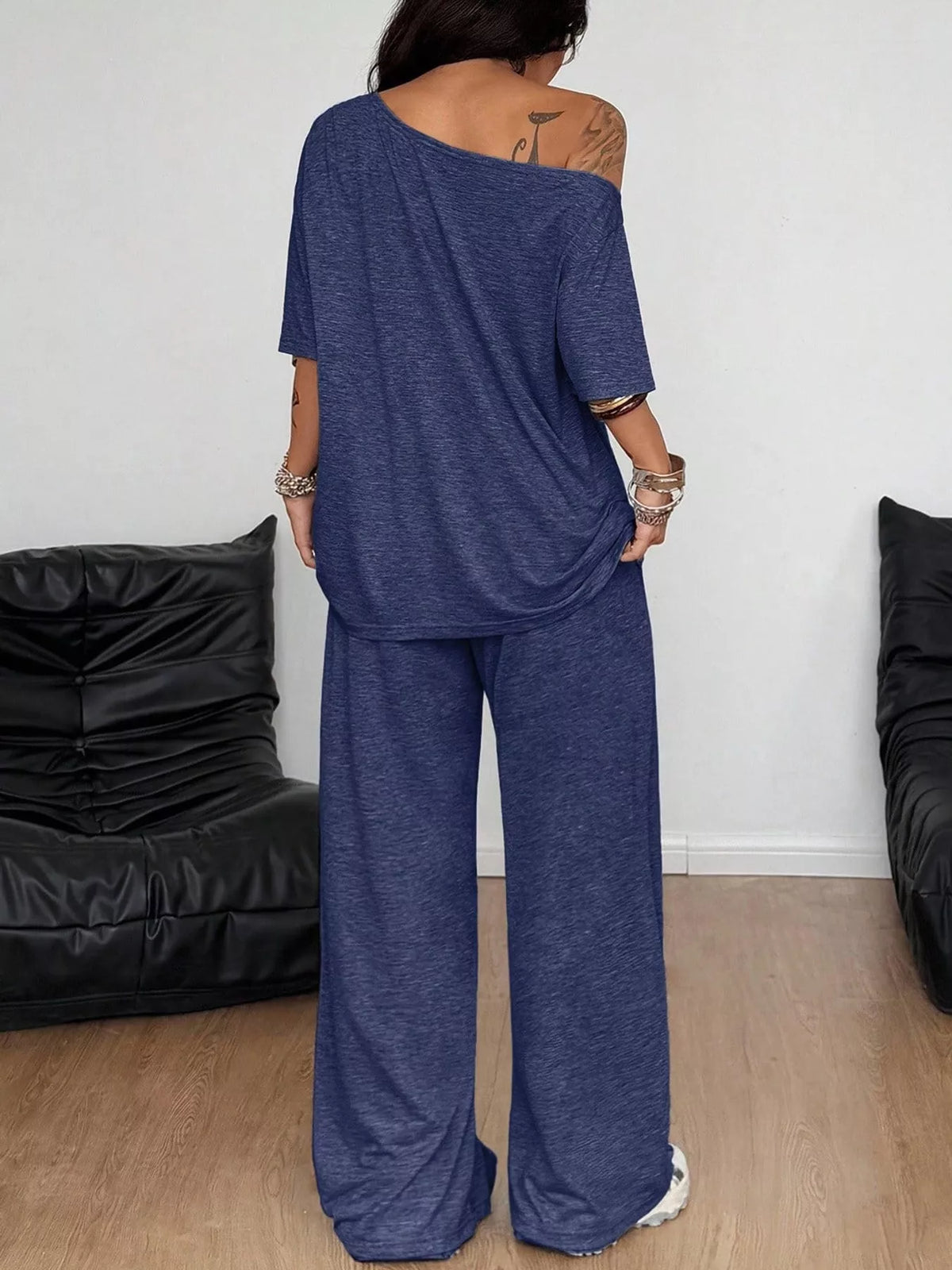 Navy boat neck top and wide-leg pants set — back view
