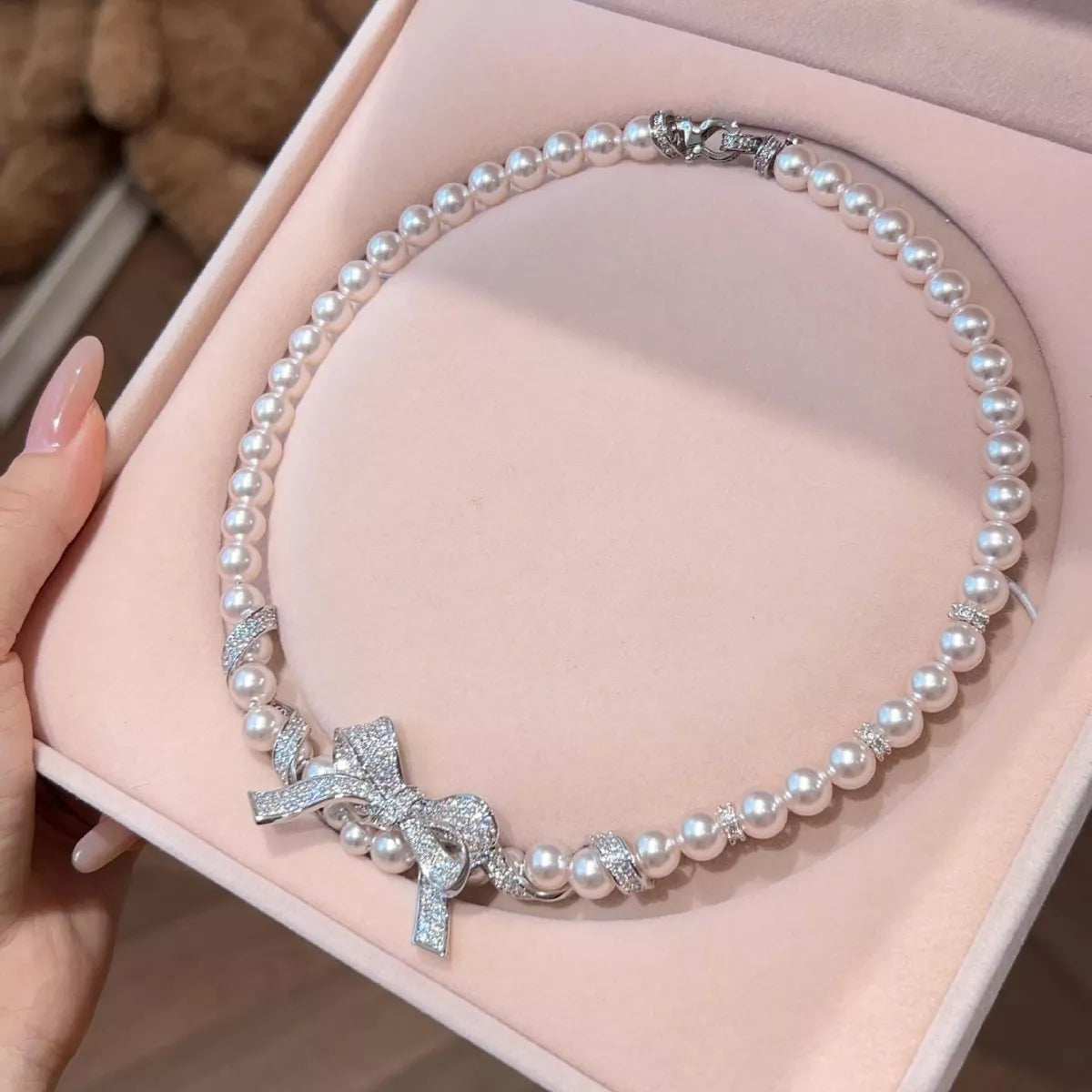 Women's Synthetic Pearl Necklace With Zircon Bow Pendant And Spacers