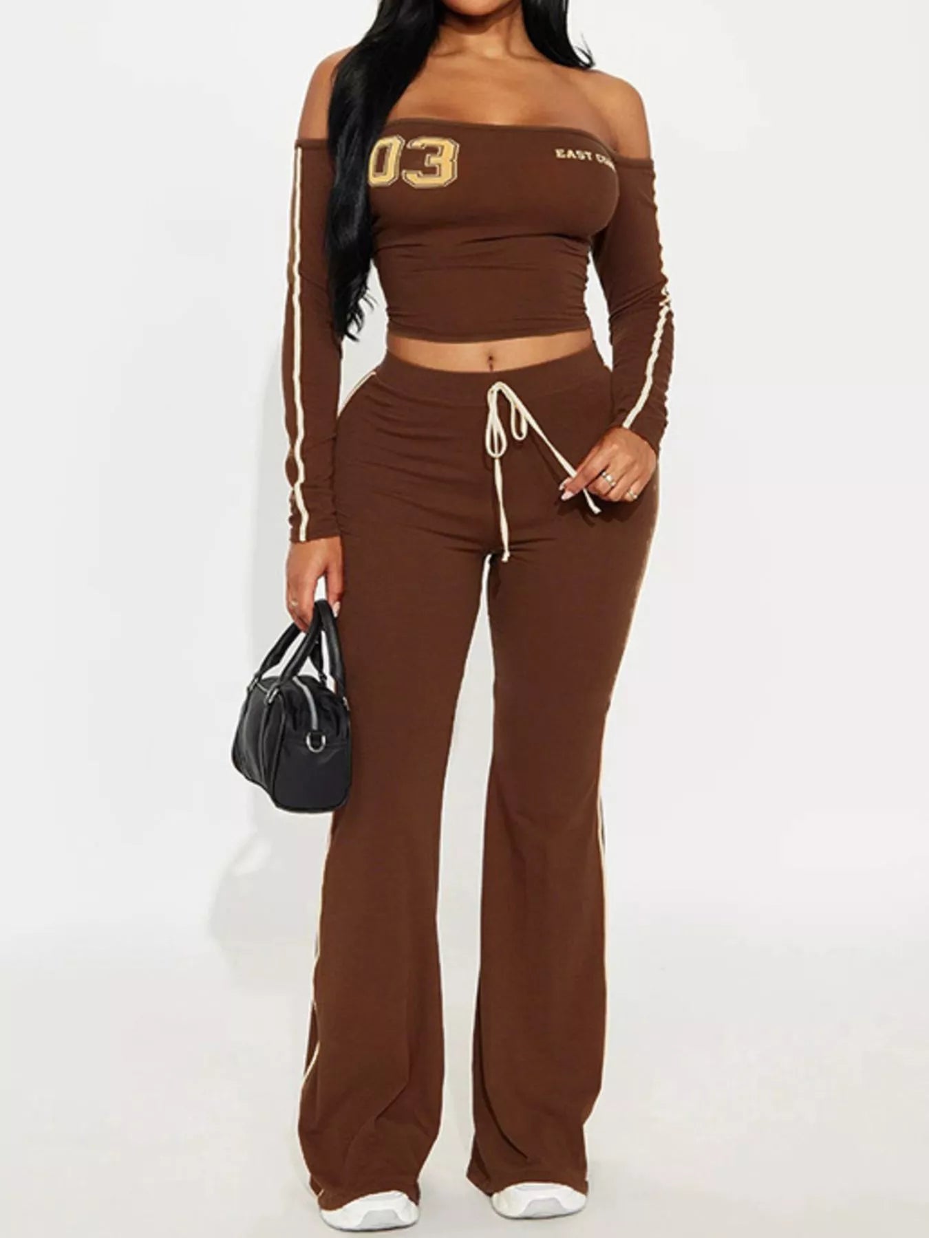 Trendsi Off-Shoulder Crop Top and Flare Pant Lounge Set -