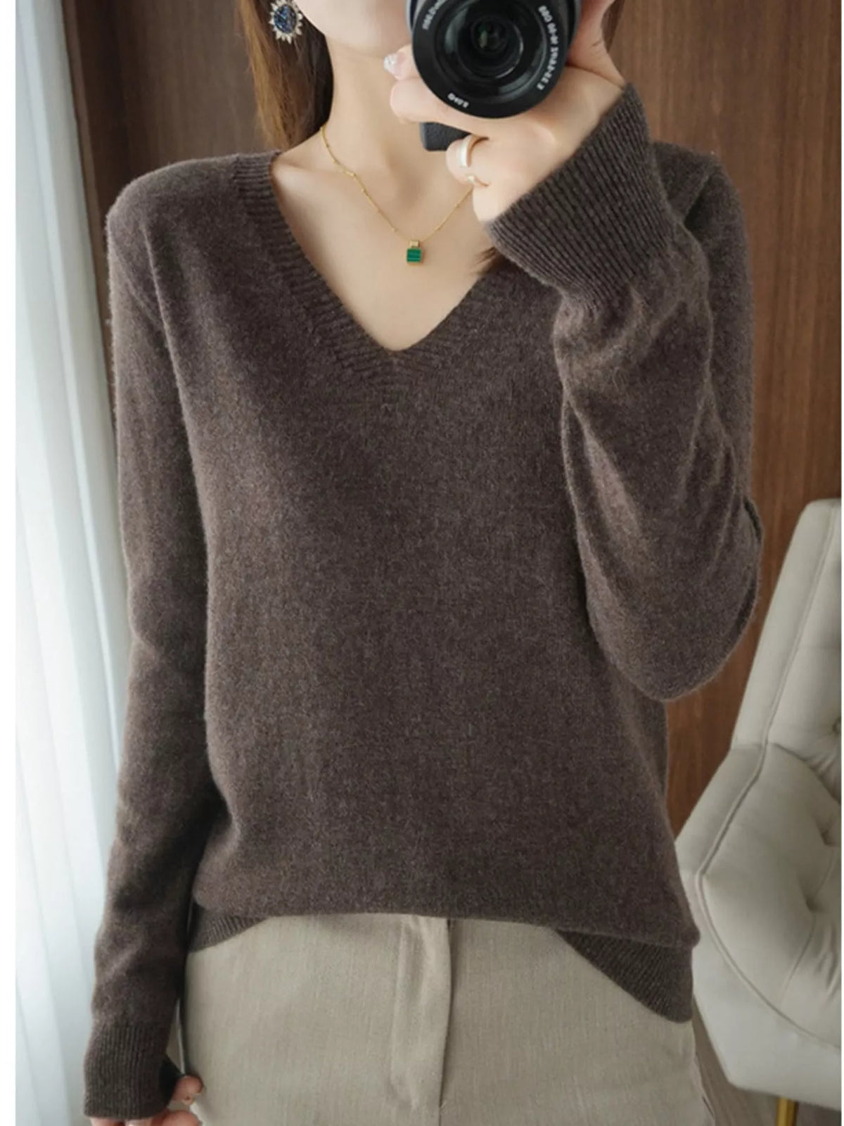 V-Neck Knit Sweater in brown