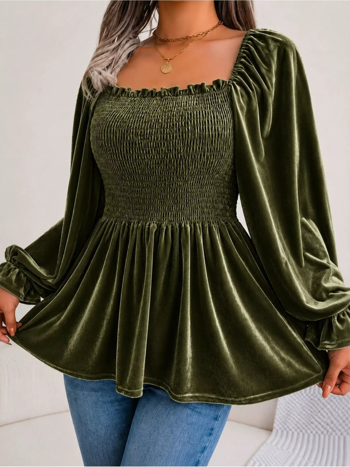 Women's Velvet Smocked Peplum Blouse in Black Forest, front view