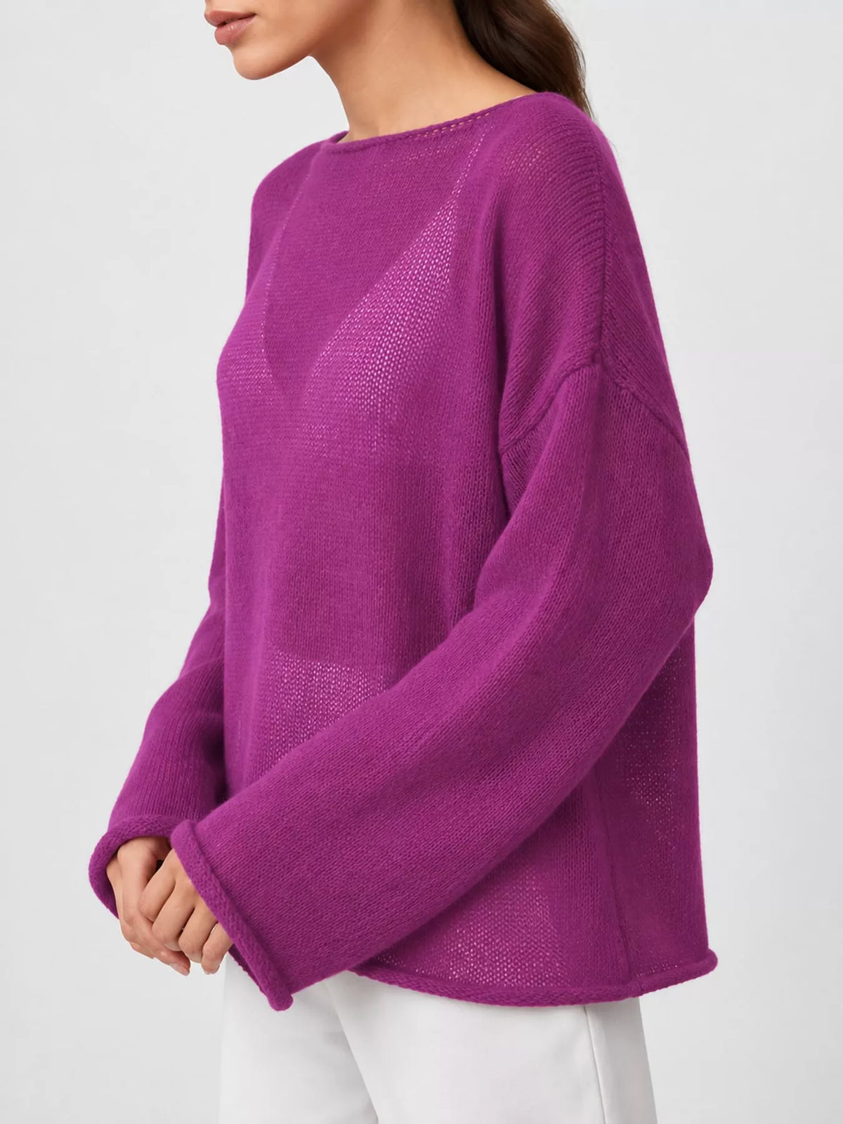 Purple sheer openwork knit long sleeve top