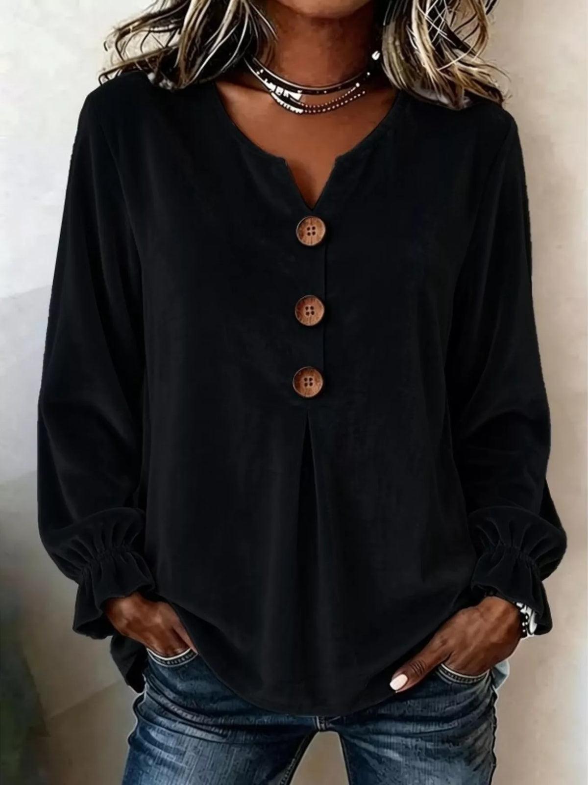 Black velvet balloon-sleeve blouse, front view