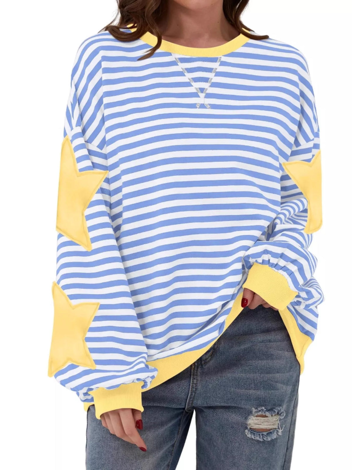 Light Blue Star-Patch Striped Oversized Sweatshirt front view