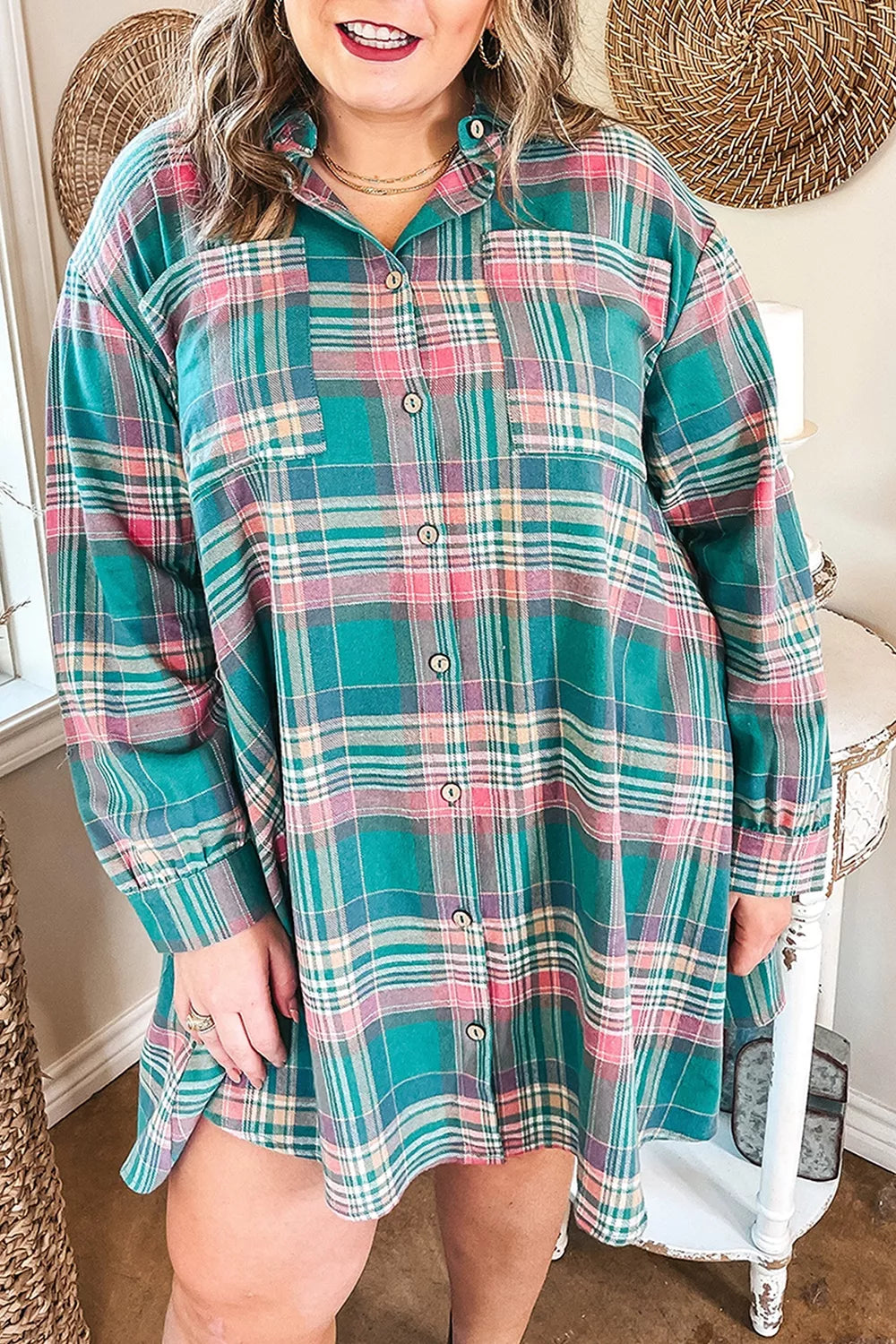 Trendsi Plus Size Plaid Button-Up Shift Long Sleeve Dress -