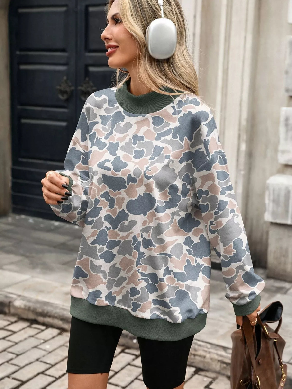 Camouflage-print mock-neck sweatshirt