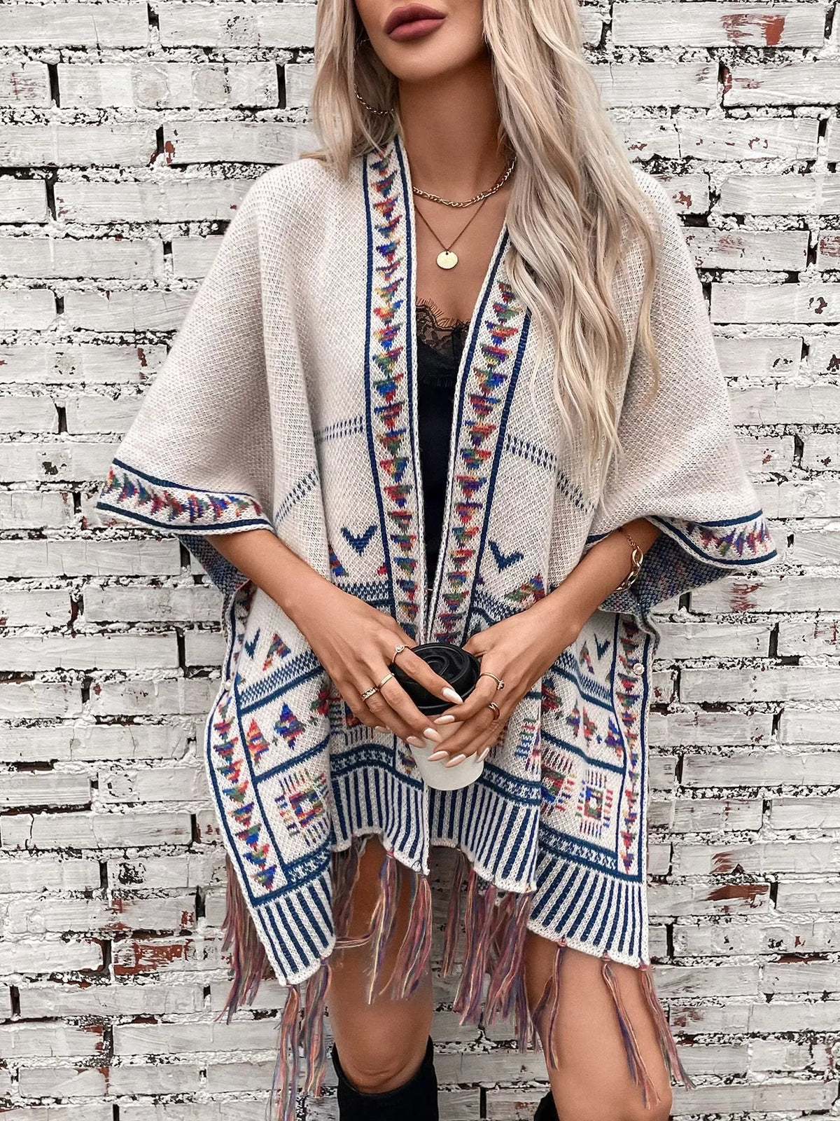 poncho, front view on model