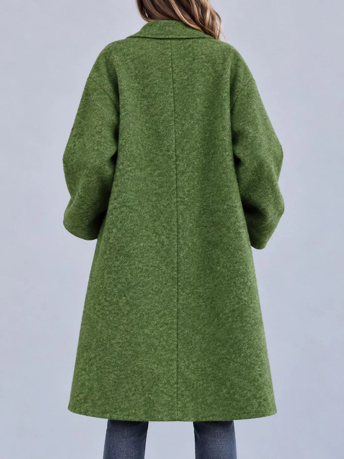 Green lapel collar one button coat, back view