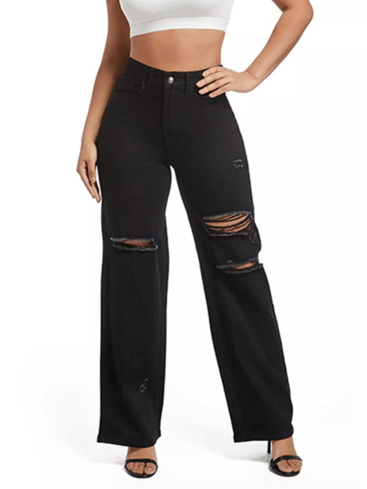 Black distressed wide-leg jeans, front view with hand at hip