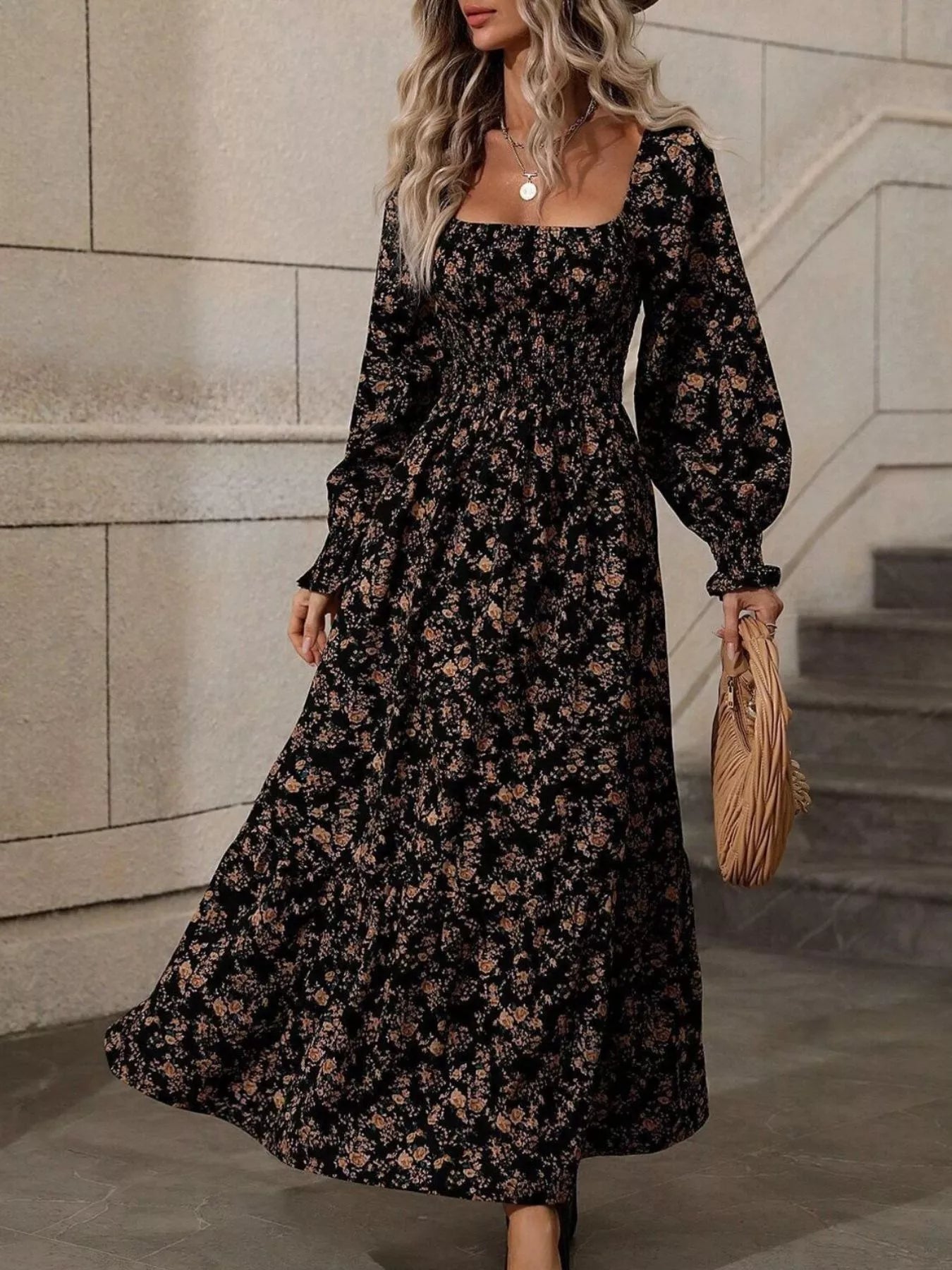 Trendsi Floral Print Square Neck Smocked Midi Dress -