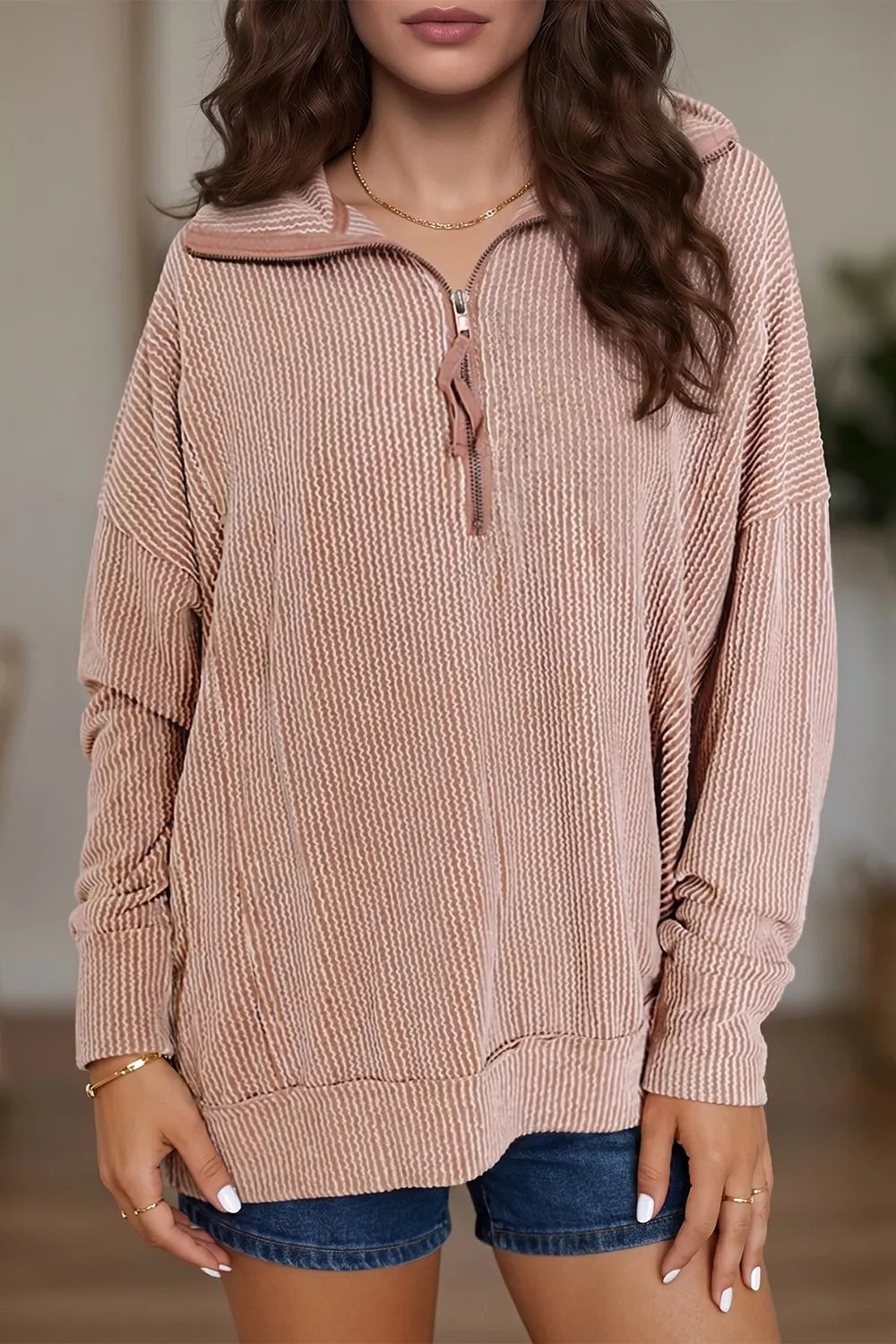 Trendsi Twist Ribbed Zipper Collar Drop Shoulder Long Sleeve Top -