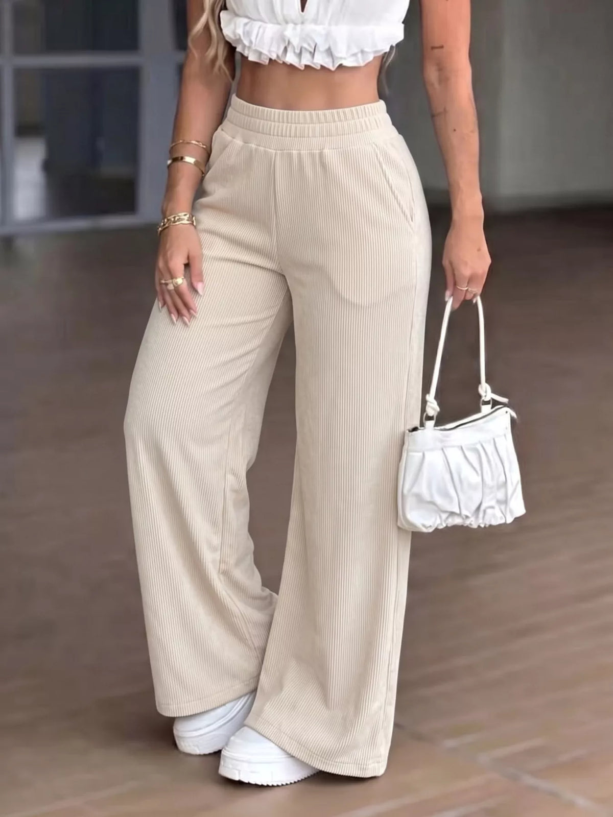 High-Waisted Wide-Leg Casual Pants with Elastic Waistband, front view