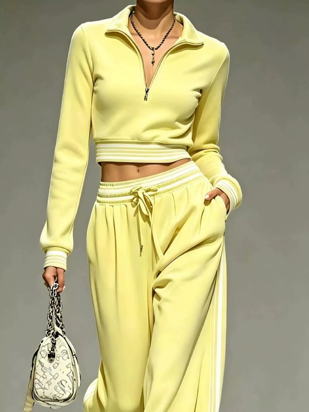 Yellow half-zip crop top and pants set, zip neckline and waist detail