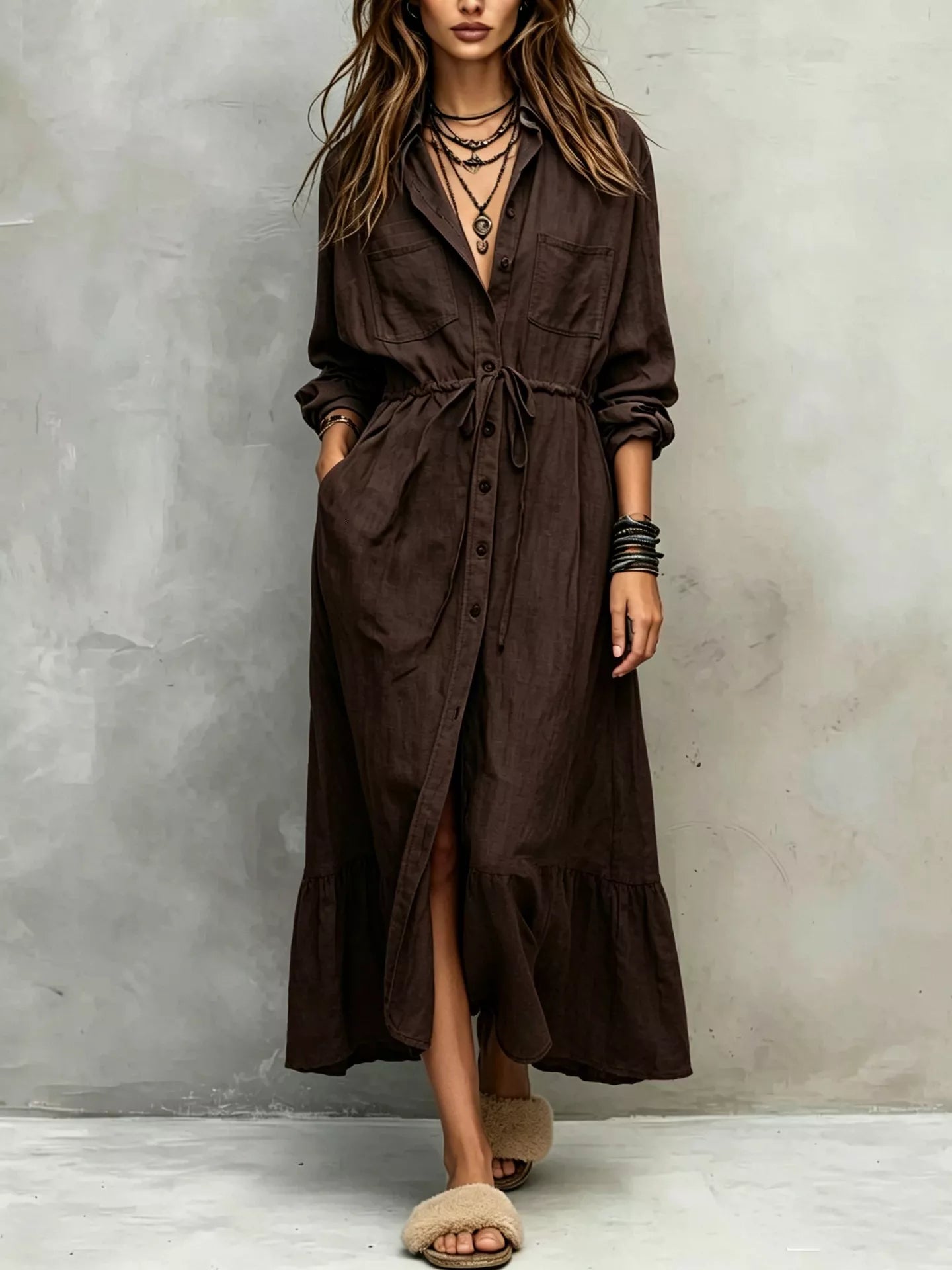 Trendsi Full Size Button Front Long Sleeve Shirt Dress Plus Size - Dresses