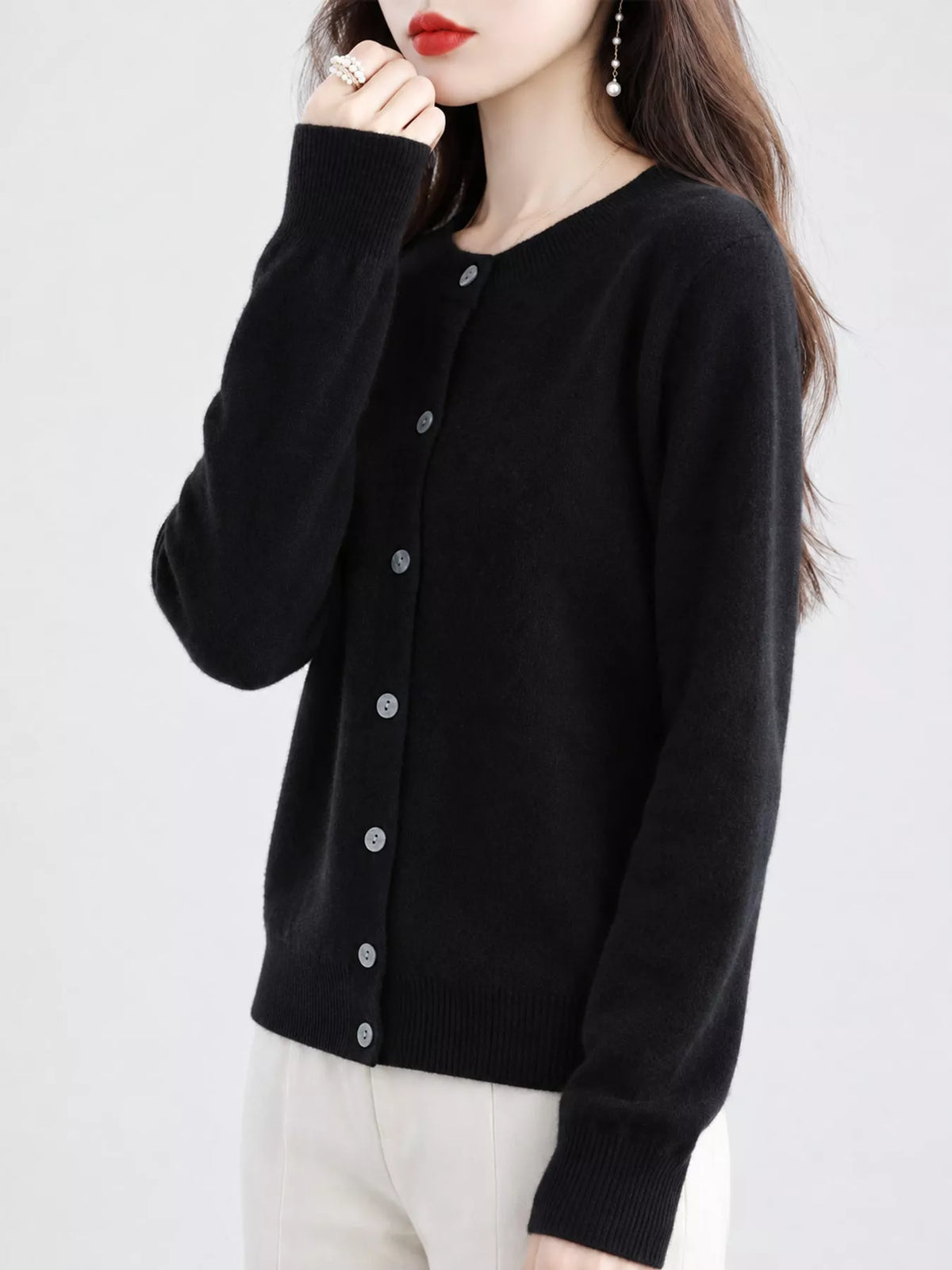 Black crew neck button-front cardigan