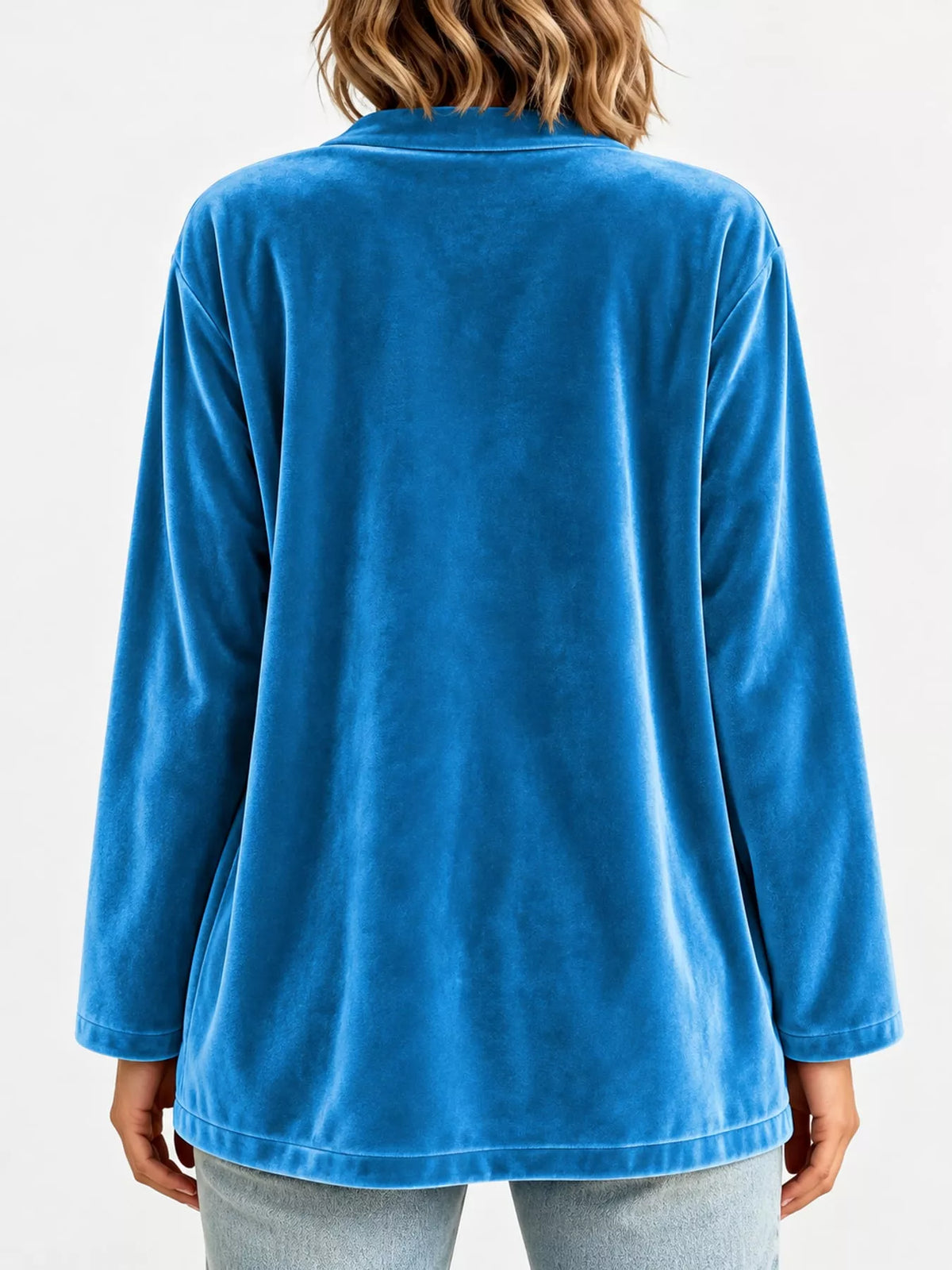 Women's Velvet Open-Front Cardigan in blue — back view