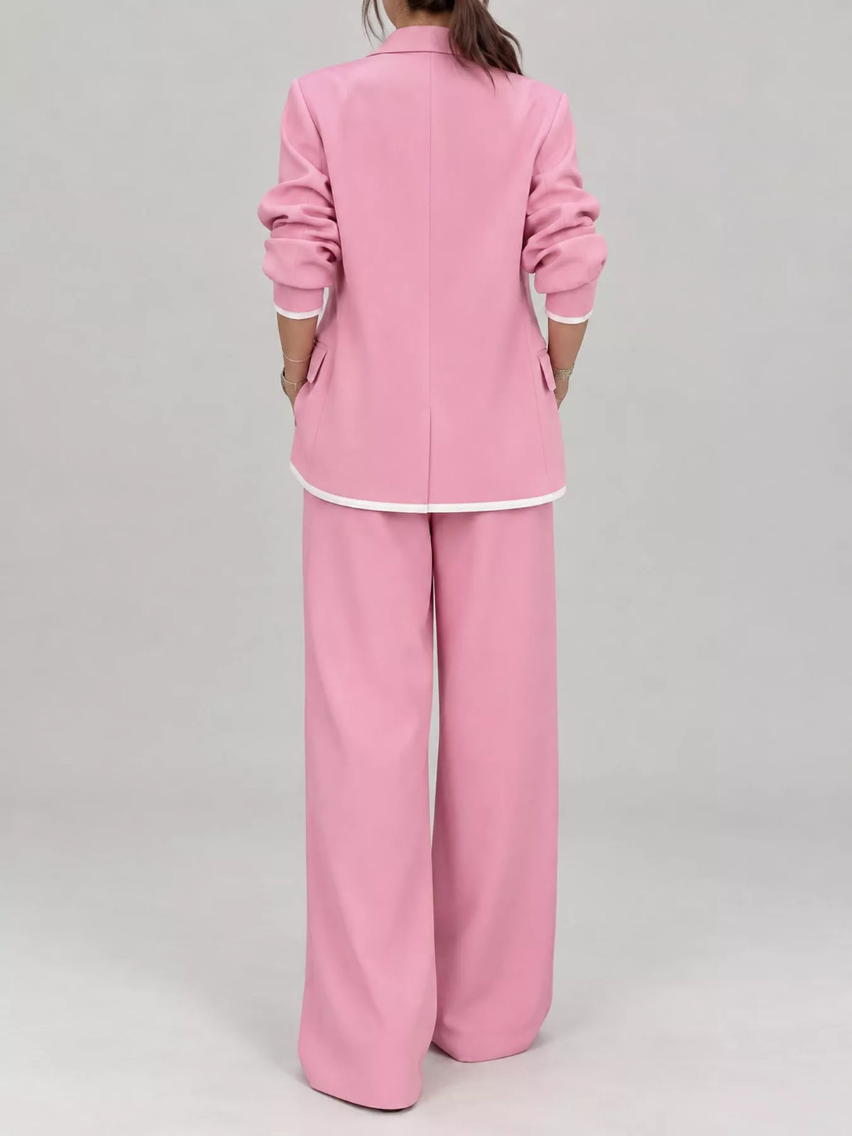 Pink contrast-trim blazer and wide-leg pants set, back view