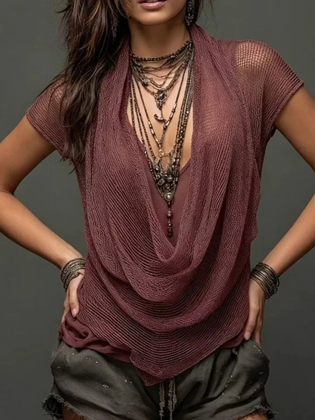 Burgundy Scoop Neck Tank and Cowl Neck Cover-Up Set front view