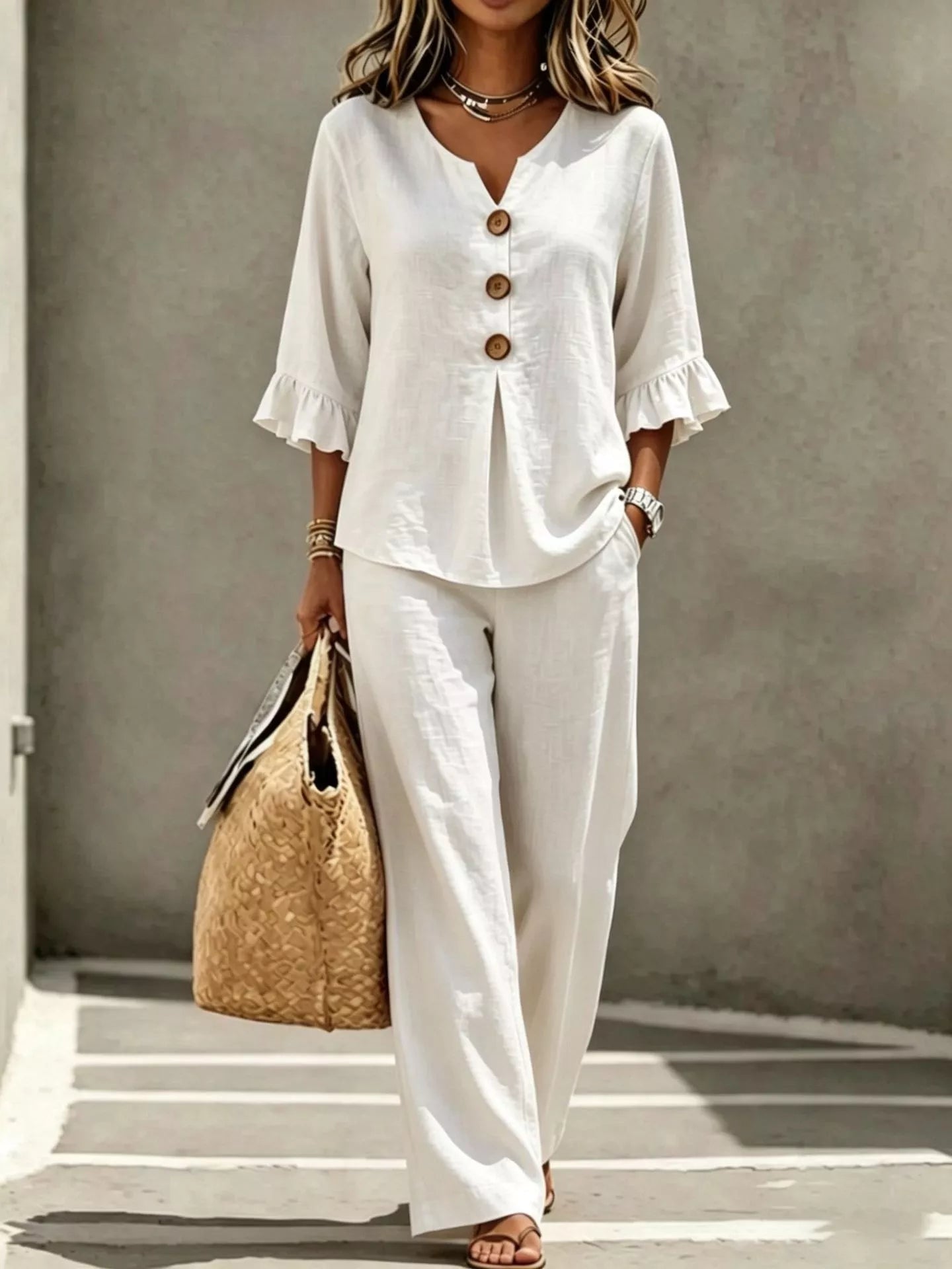 Trendsi Full Size Decor Button Ruffled Top and Wide-Leg Pants Set Plus Size -