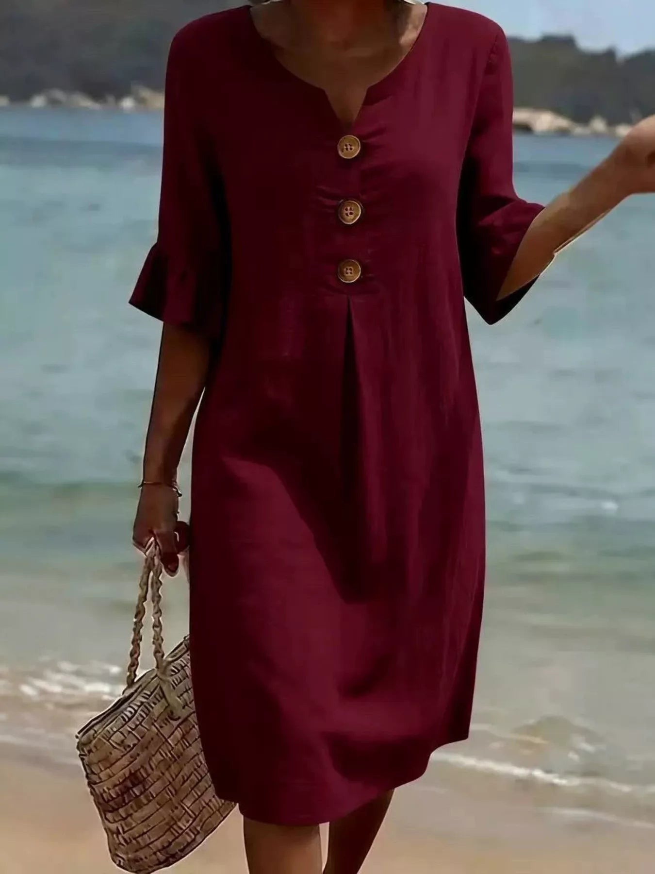 Trendsi Full Size Casual Decor Button Dress with Ruffle Sleeves Plus Size -