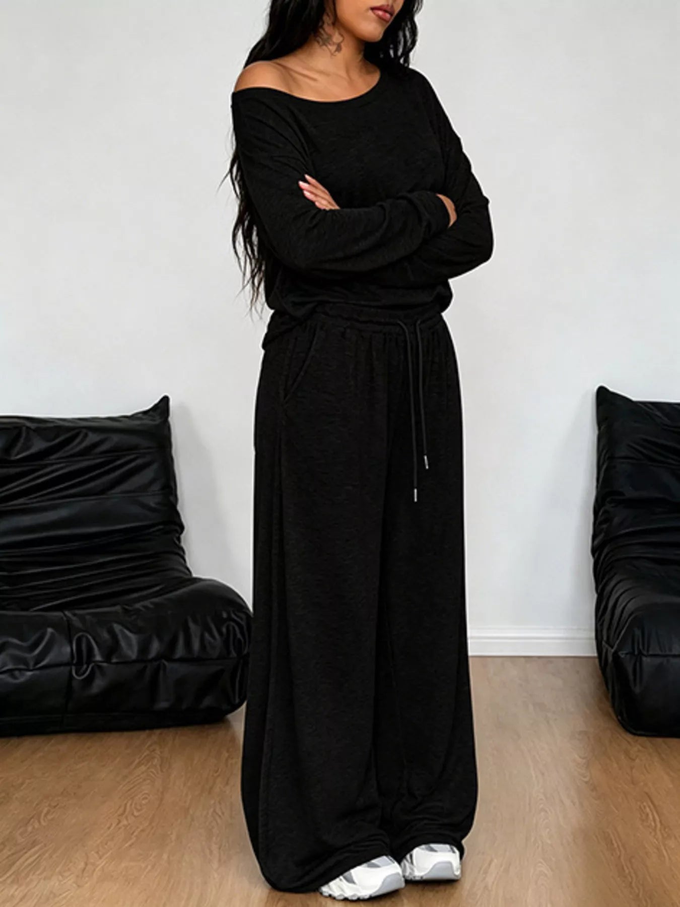 Trendsi Full Size One-Shoulder Top and Drawstring Pants Set Plus Size -