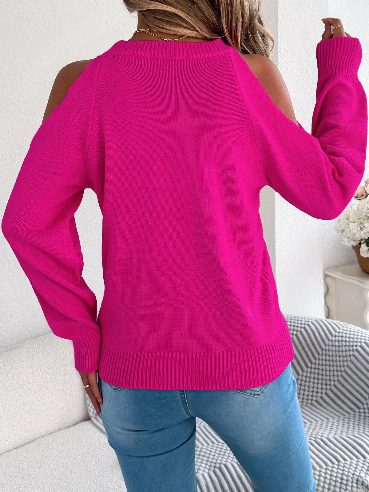 Fuchsia Pink cold shoulder cable knit sweater, back view