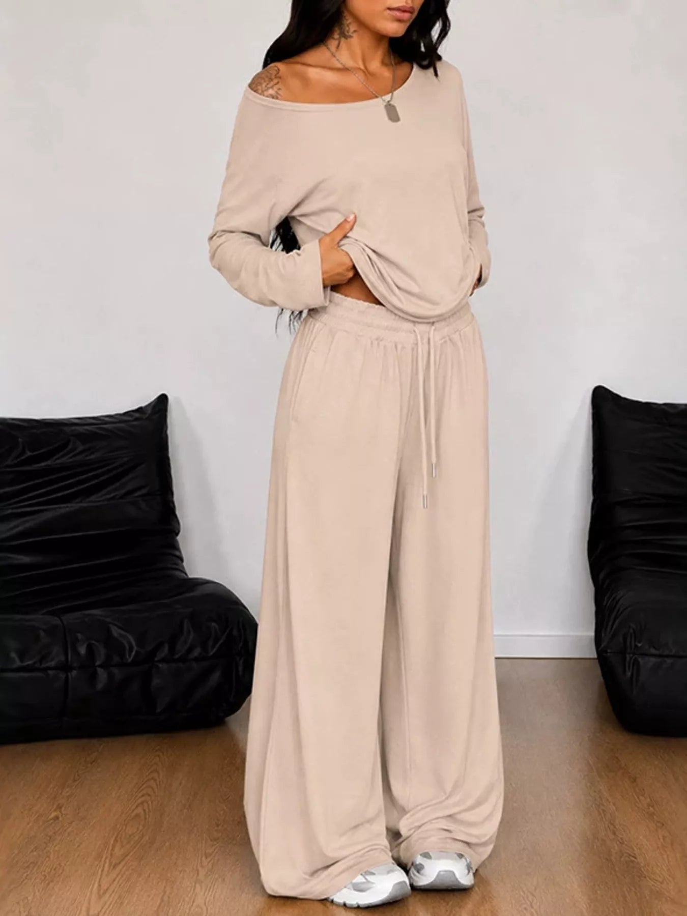 Trendsi Full Size One-Shoulder Top and Drawstring Pants Set Plus Size -
