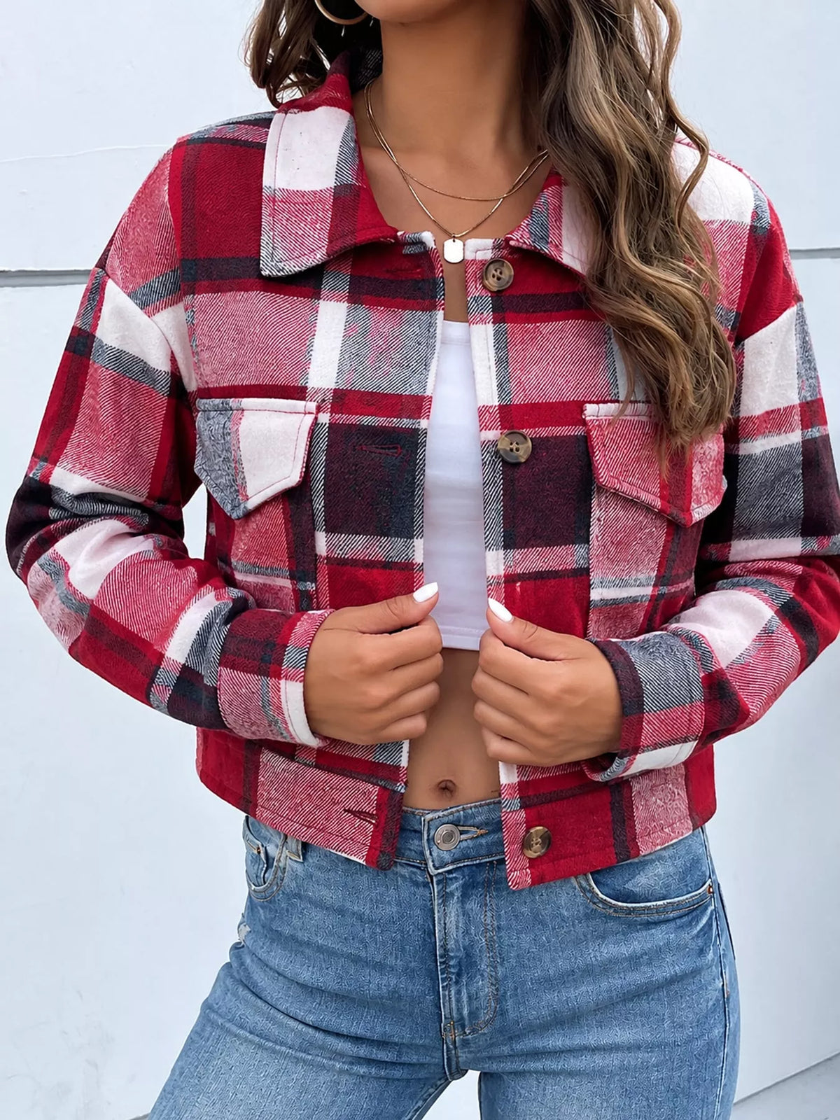Plaid cropped jacket, red plaid front