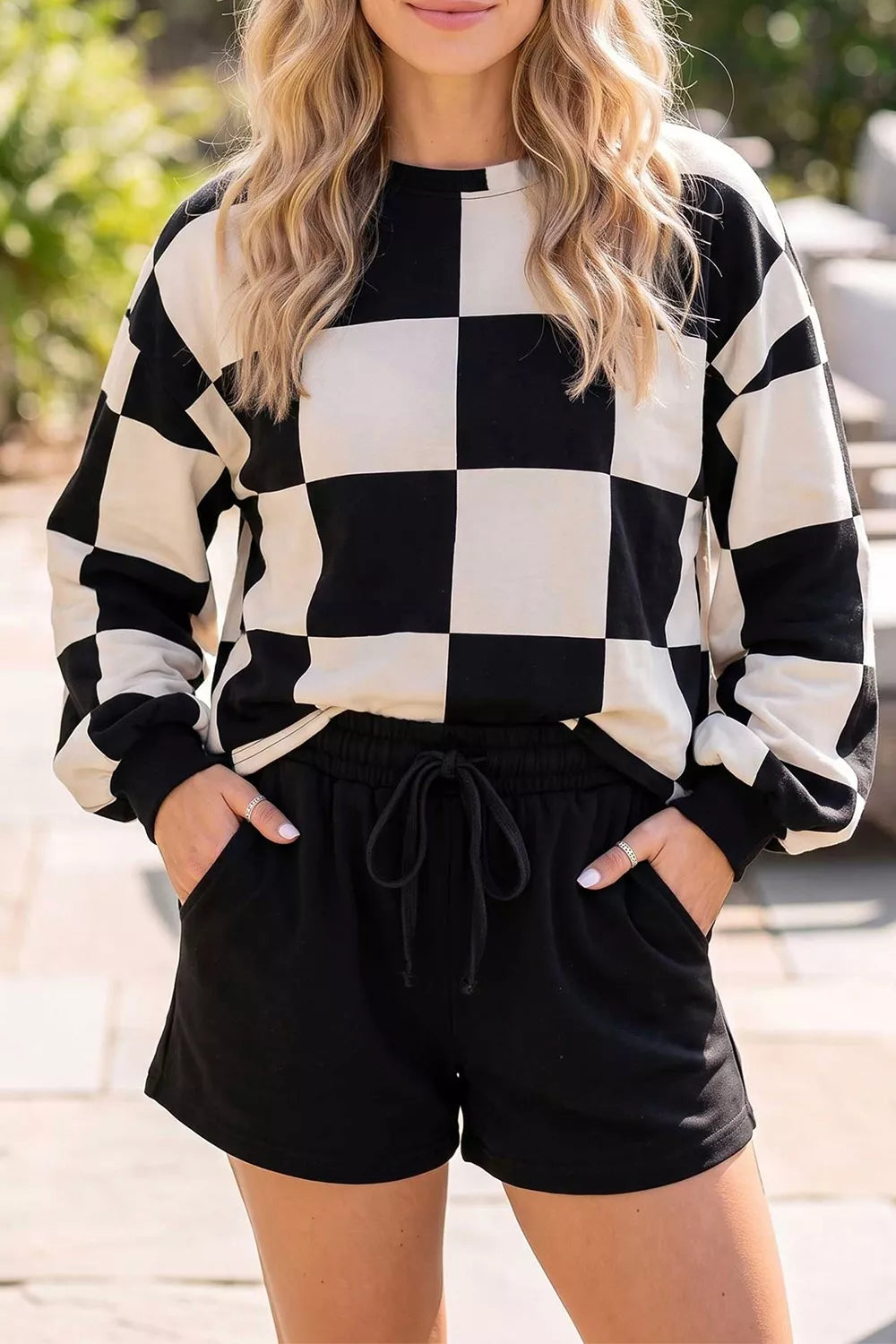 Trendsi Checkerboard Print Sweatshirt and Shorts Set -