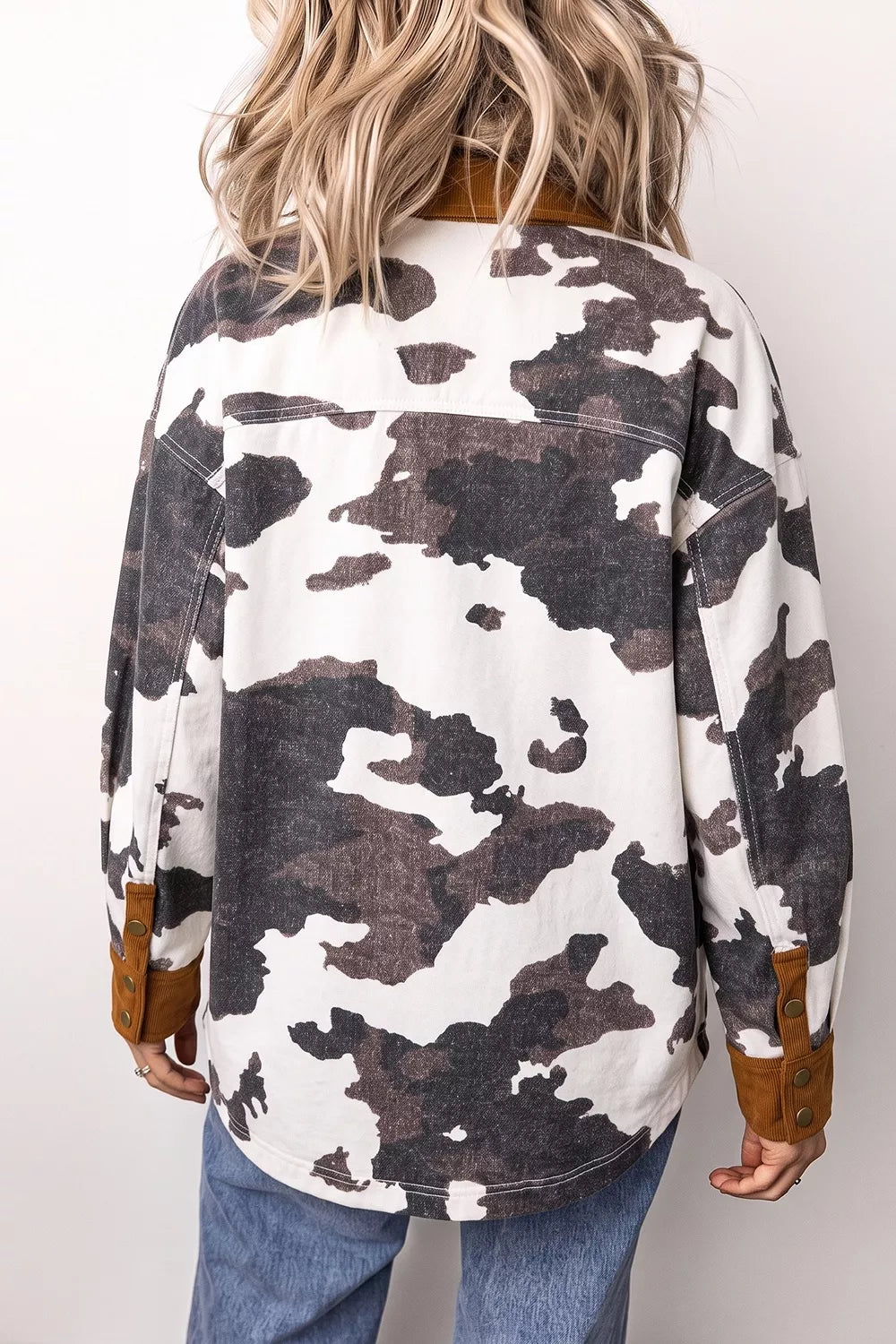 Trendsi Multicolour Western Cow Print Long Sleeve Button-Up Denim Jacket -