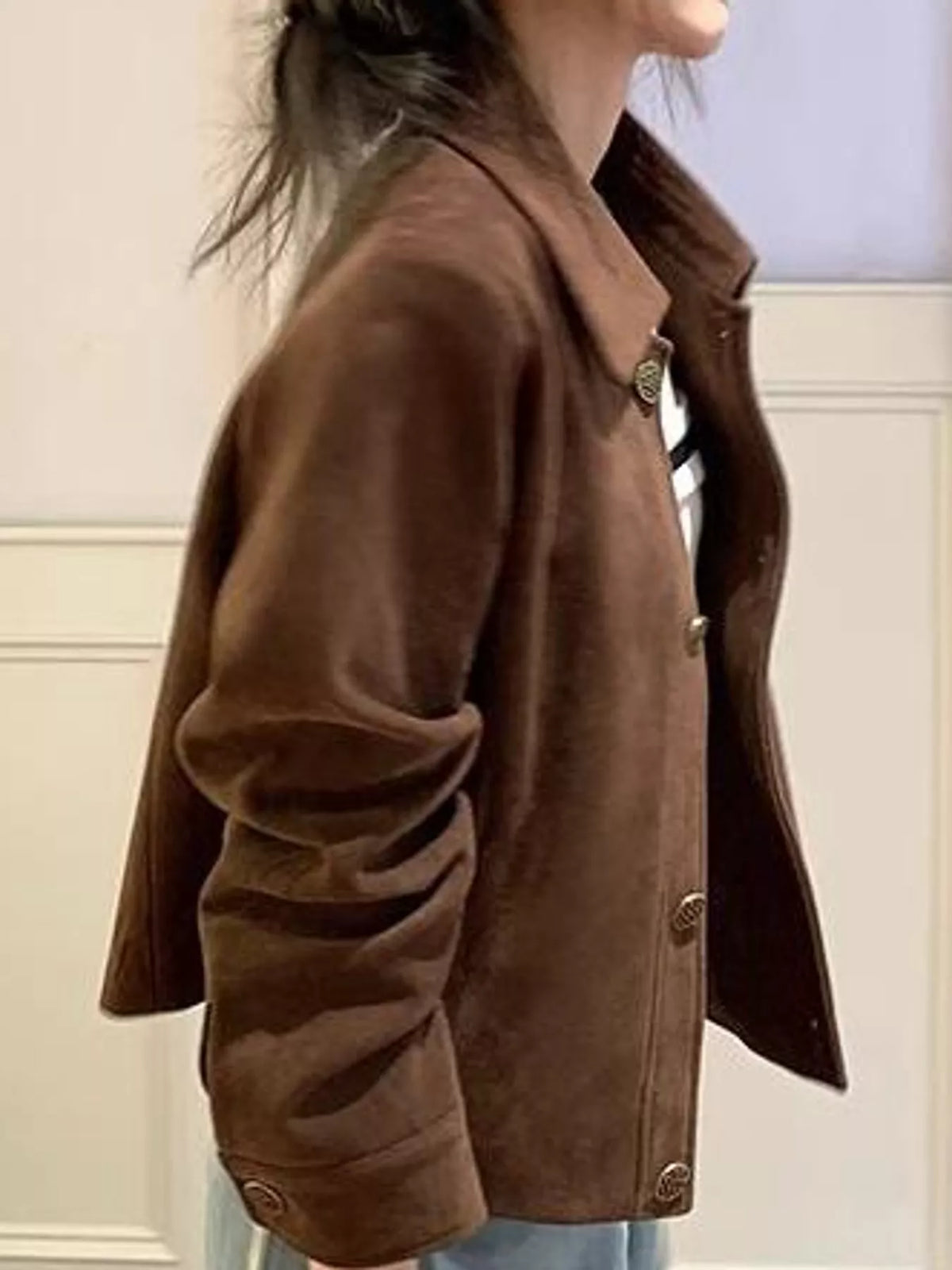 Vintage Suede Button-Down Jacket in brown-lined