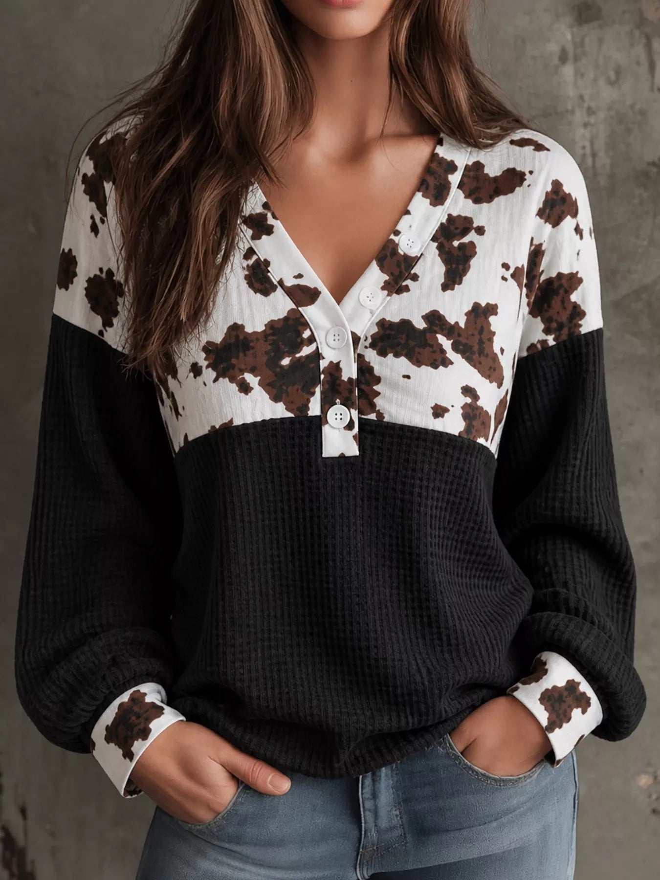 Trendsi Cow Print Color Block Waffle Knit Blouse -