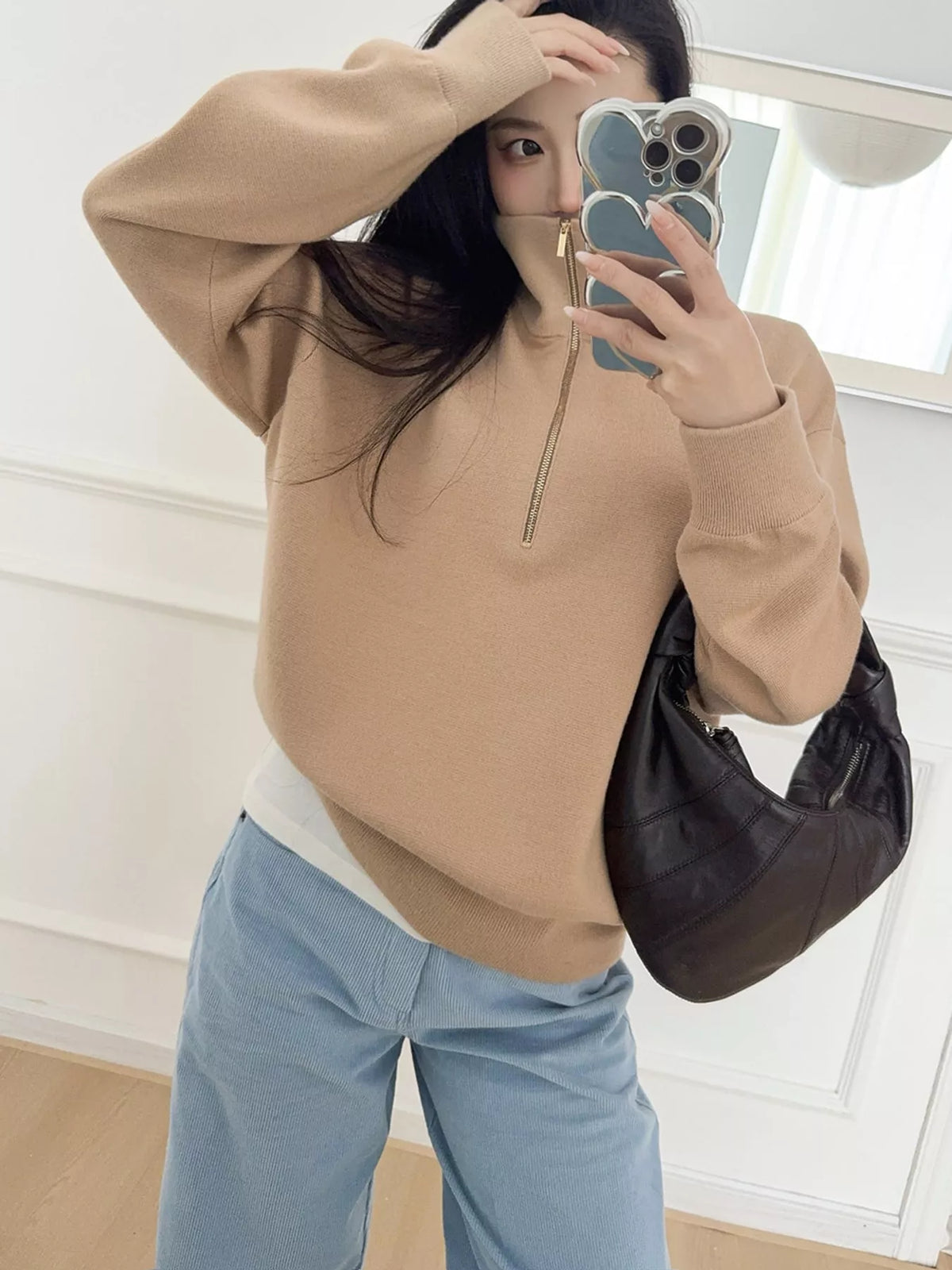 Women's Half-Zip Dropped Shoulder Sweater in beige — front view
