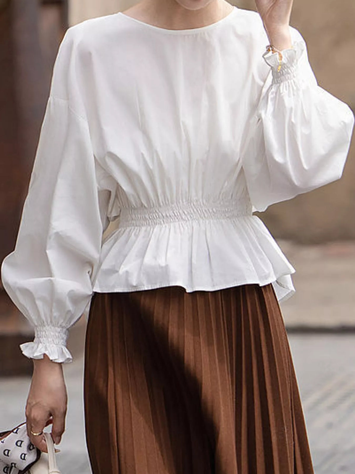 Smocked Waist Lantern Sleeves Blouse — front view