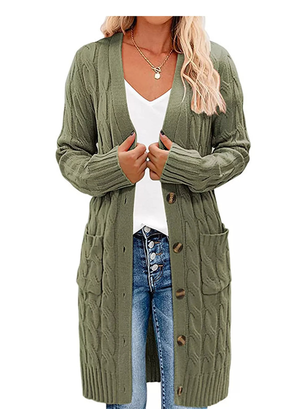 Cable Knit Button-Down Cardigan with Pockets — front view