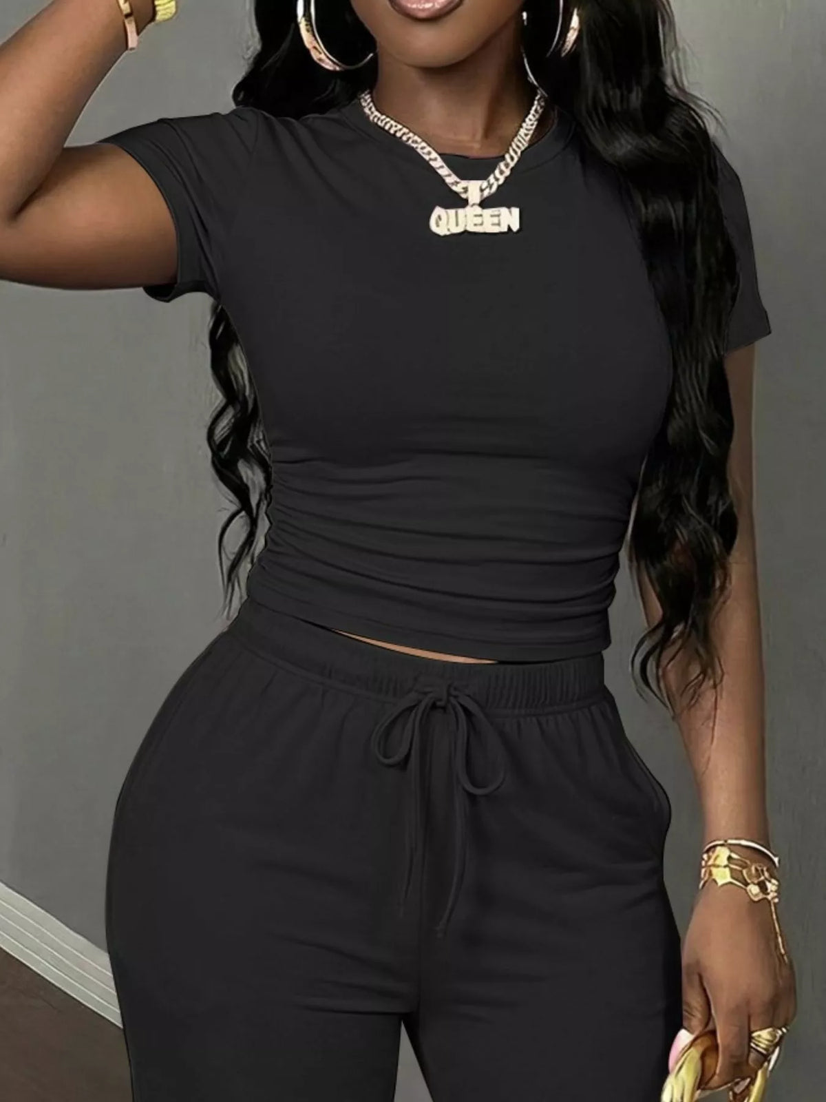 Black Short Sleeve Top and Wide-Leg Pants Set, top detail