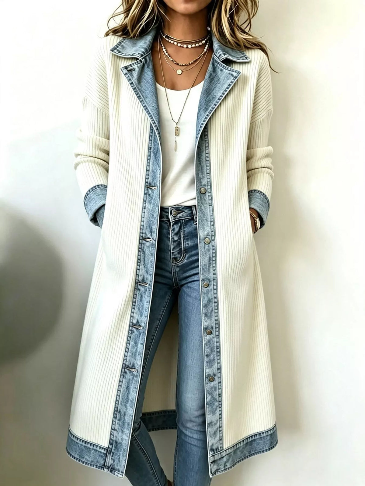 Cream and blue denim-trimmed ribbed knit longline cardigan