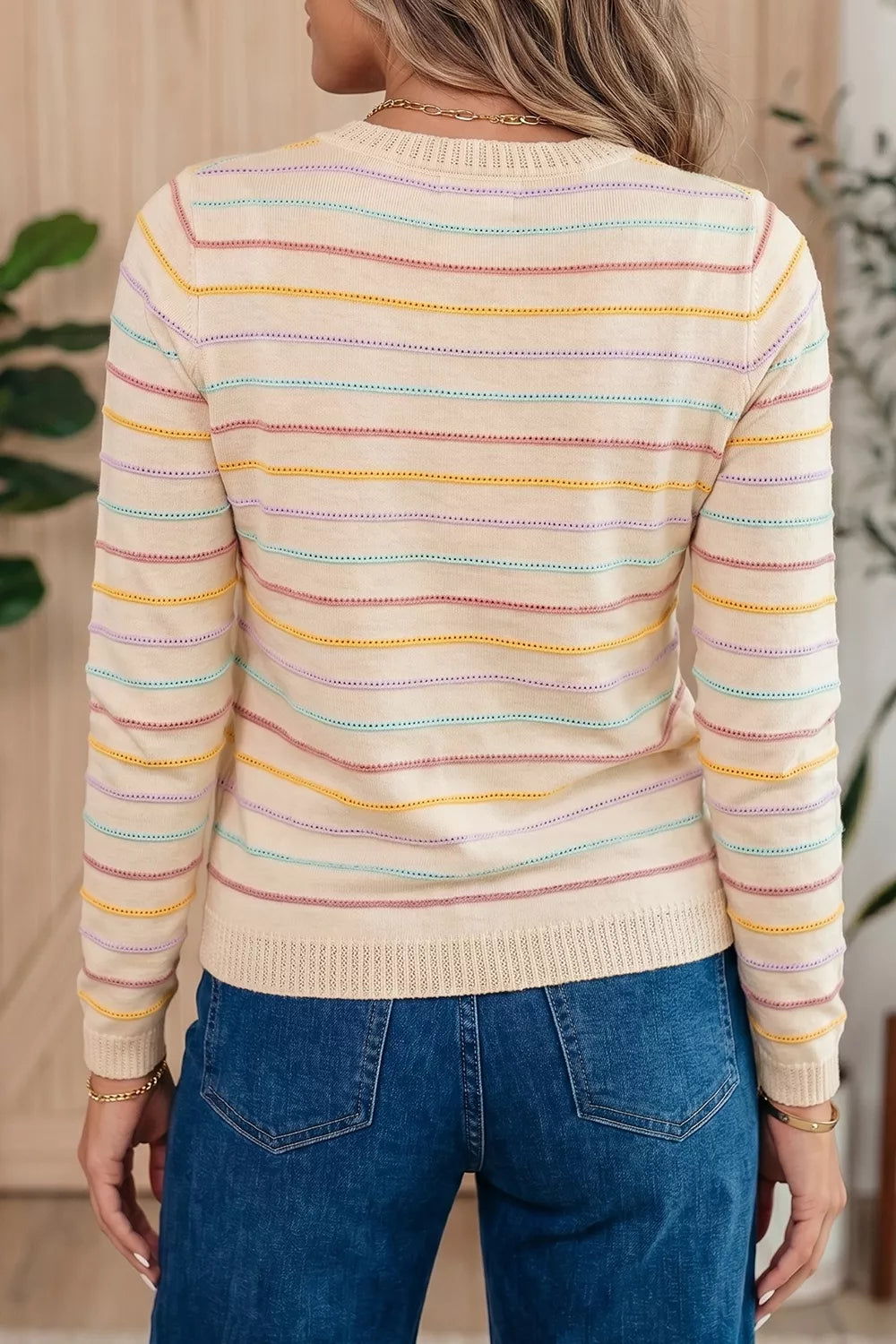 Trendsi Stripe Colorful Stripes Crew Neck Knit Sweater -