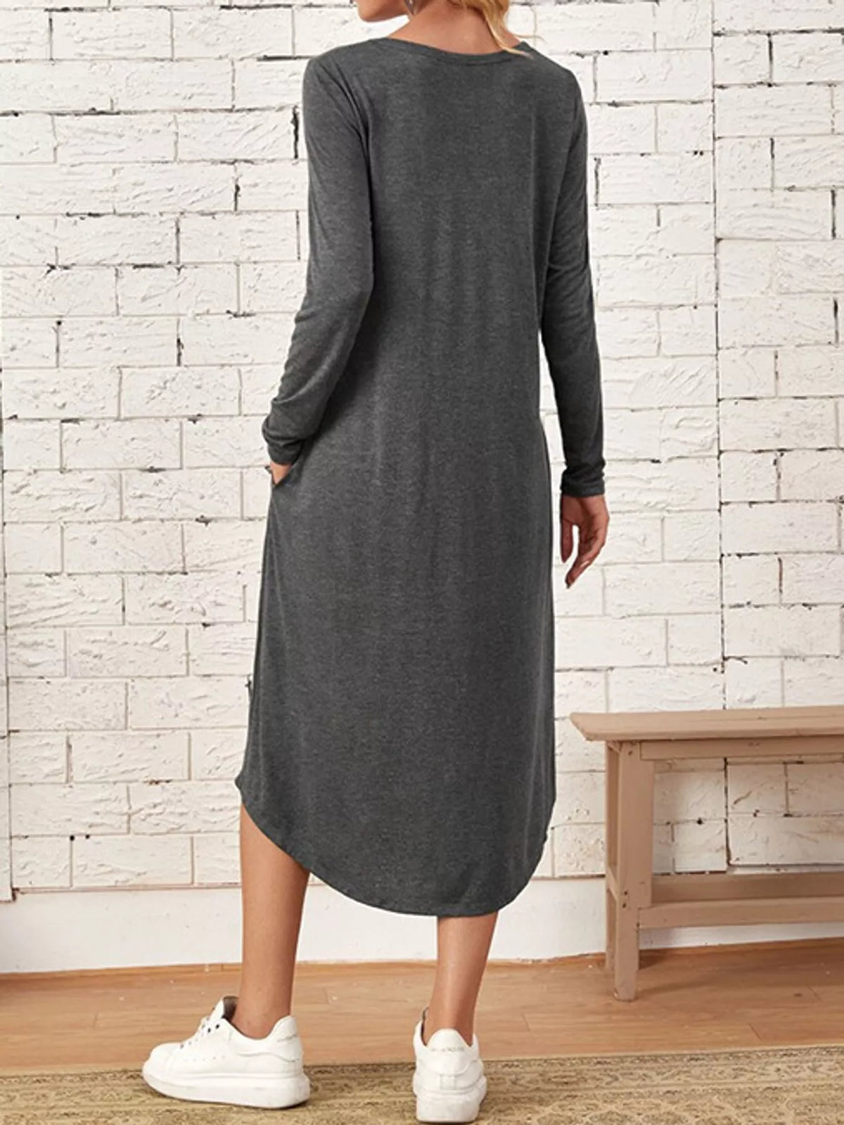 Round neck long sleeve midi dress, back view