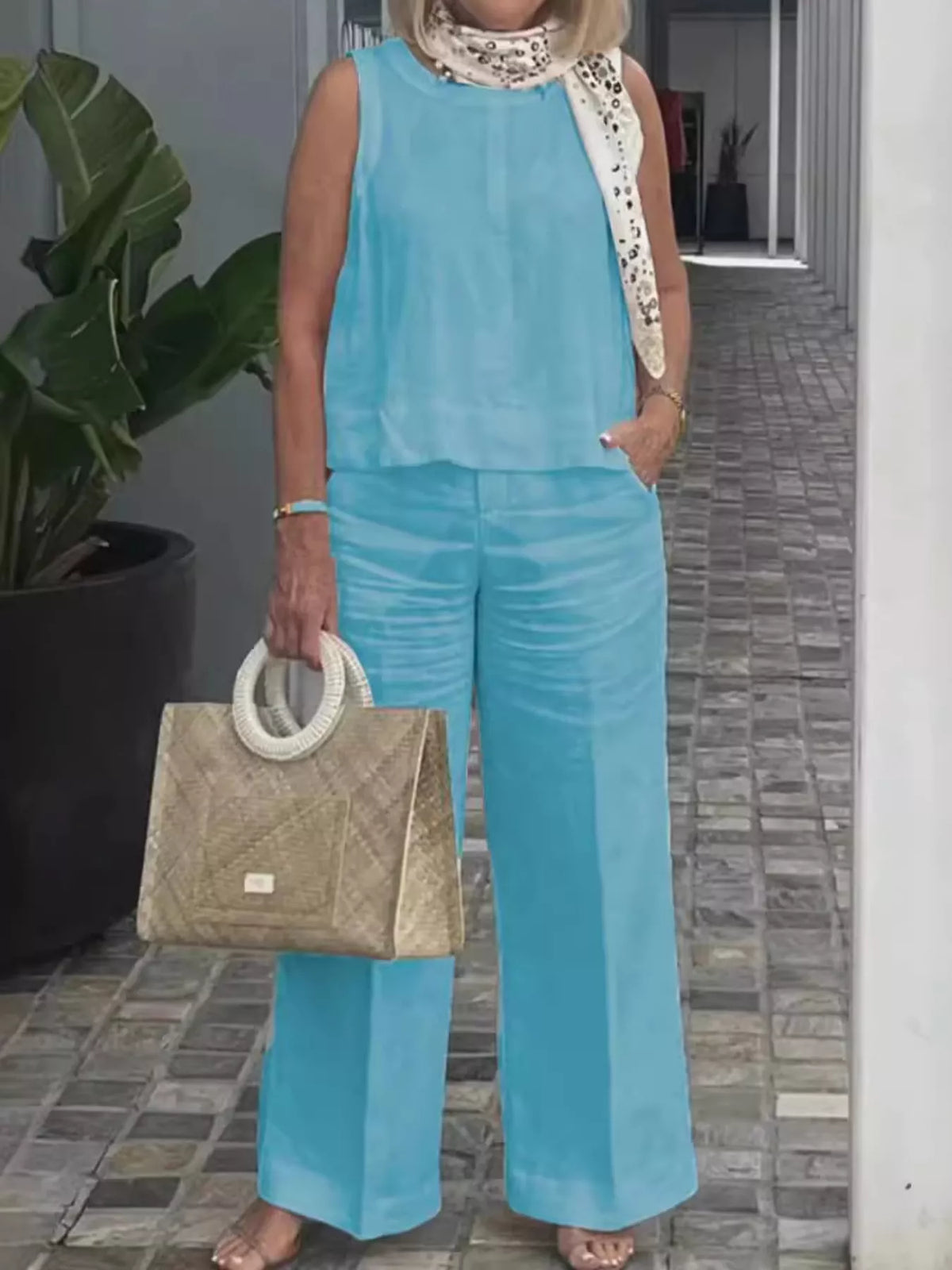 Sleeveless Top and Wide-Leg Pants Set — front view