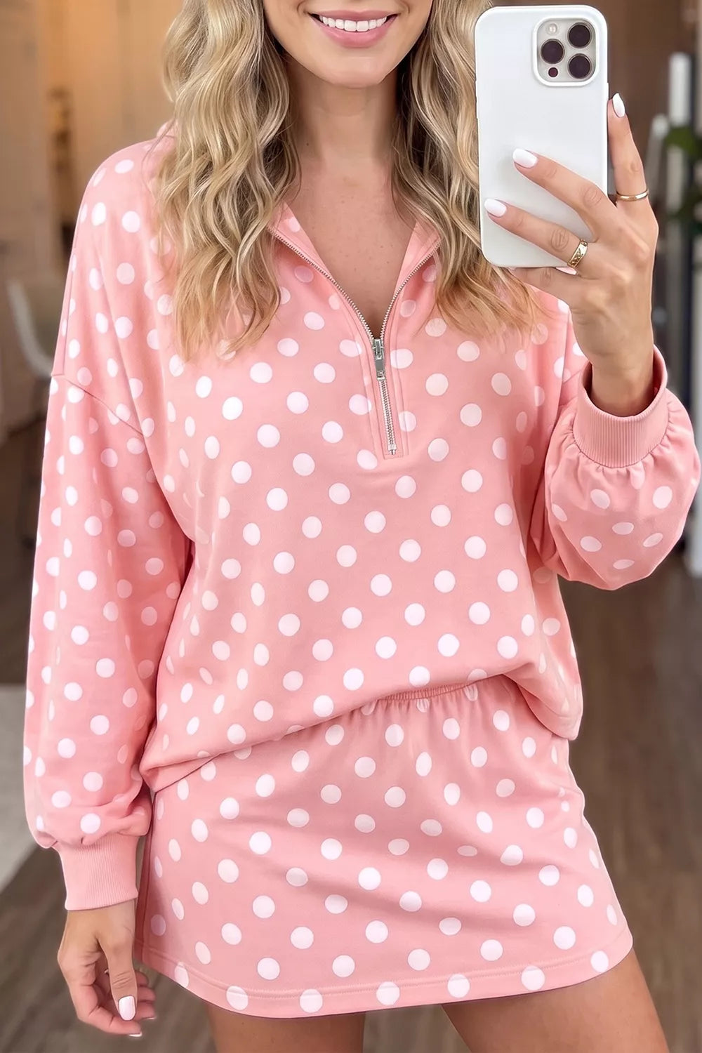 Trendsi Polka Dot Quarter Zip Sweatshirt and Shorts Set -